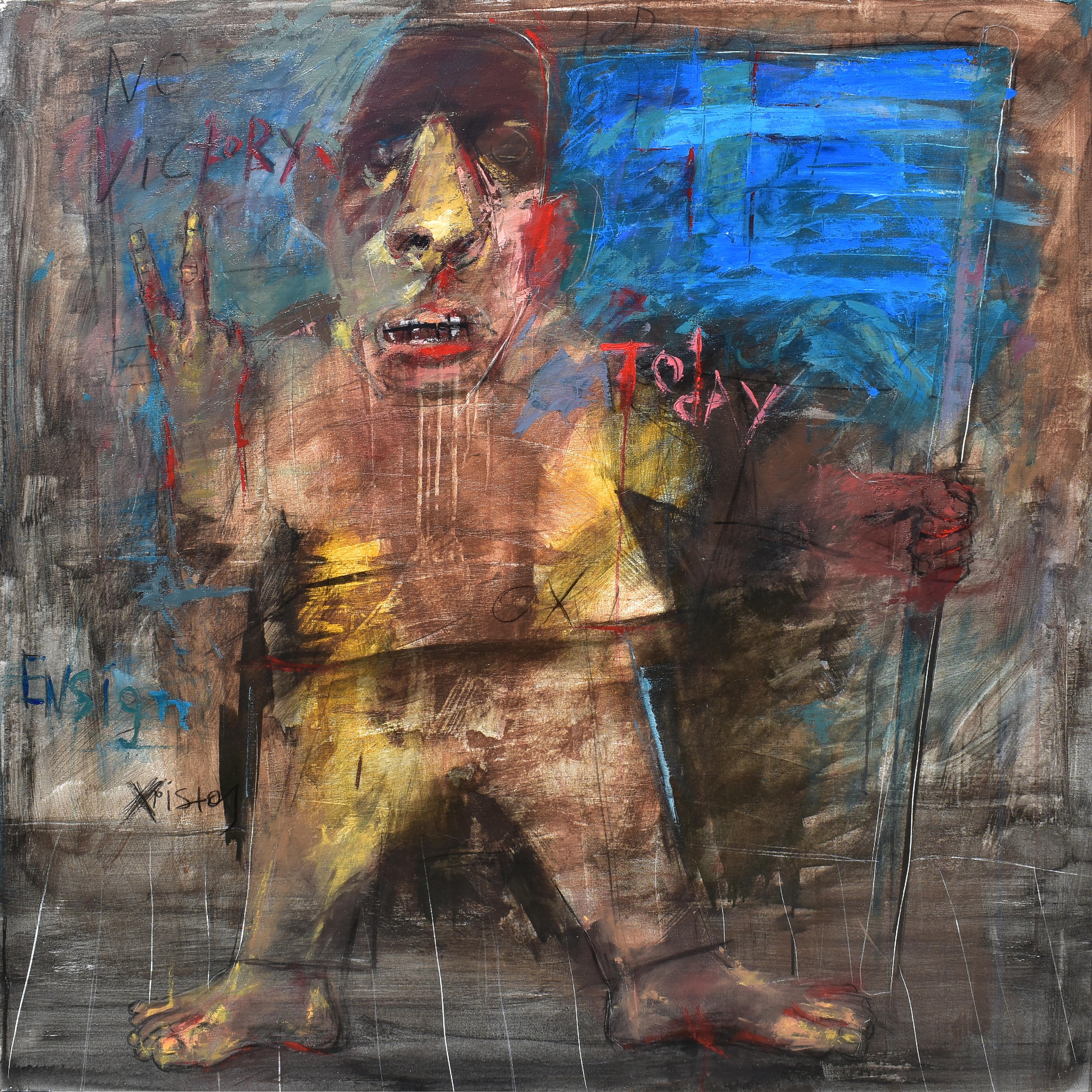 Figurative Painting de Christos Antonaropoulos - Portaestandarte 4 - Pintura Figurativa Lienzo Amarillo Azul Rojo Gris Rosa Negro