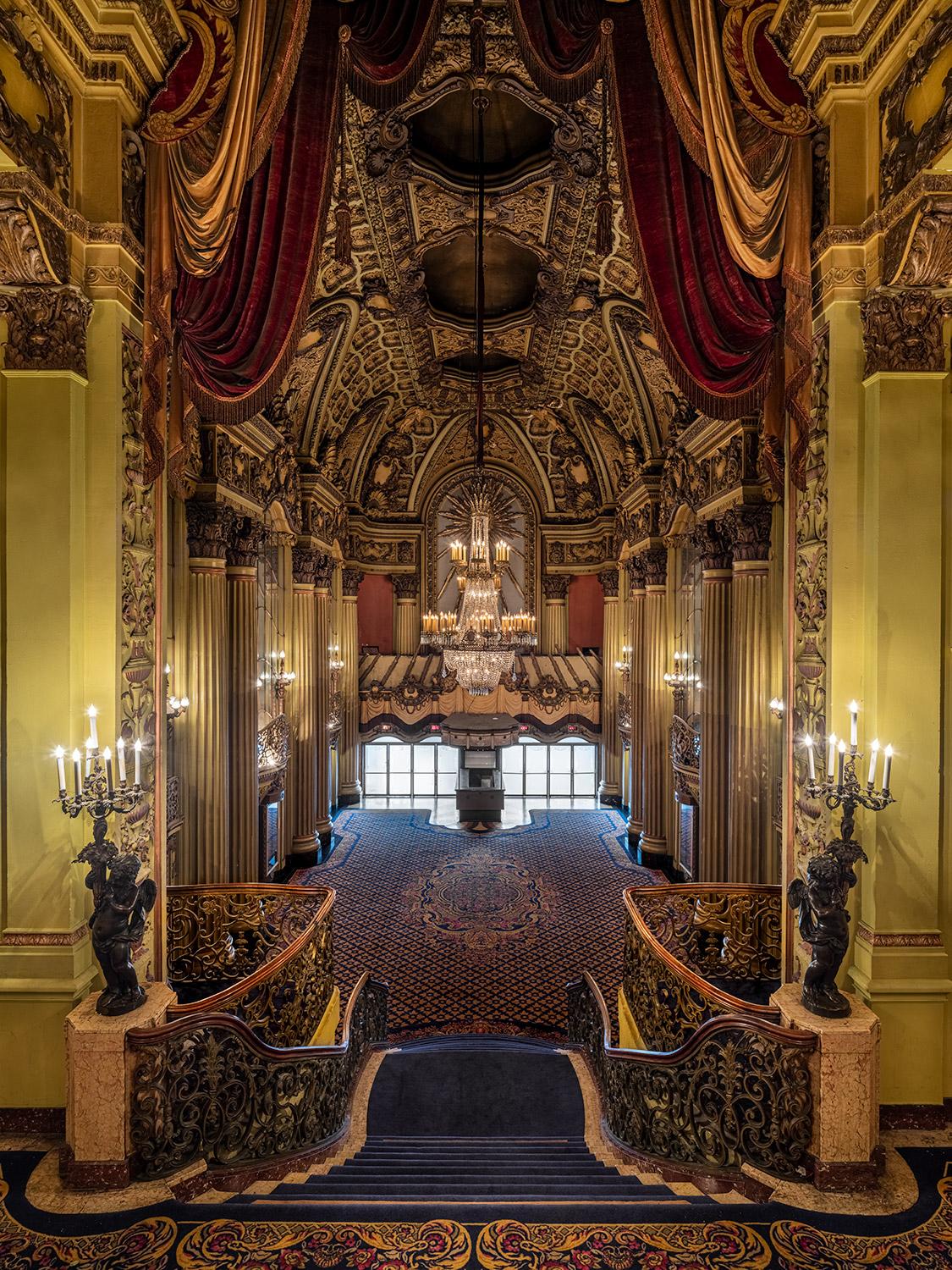 As one of the last opulent picture-palaces built before the Great Depression in 1931, the LA Theatre was erected in less than six months in a French Baroque style and is reminiscent of the Hall of Mirrors in Versailles. The nearly four-story grand