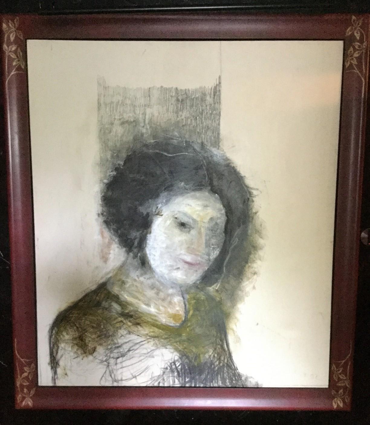For your consideration is a captivating Christos Koutsouras oil painting in hand painted frame of black and white female face. (Dimensions: 55