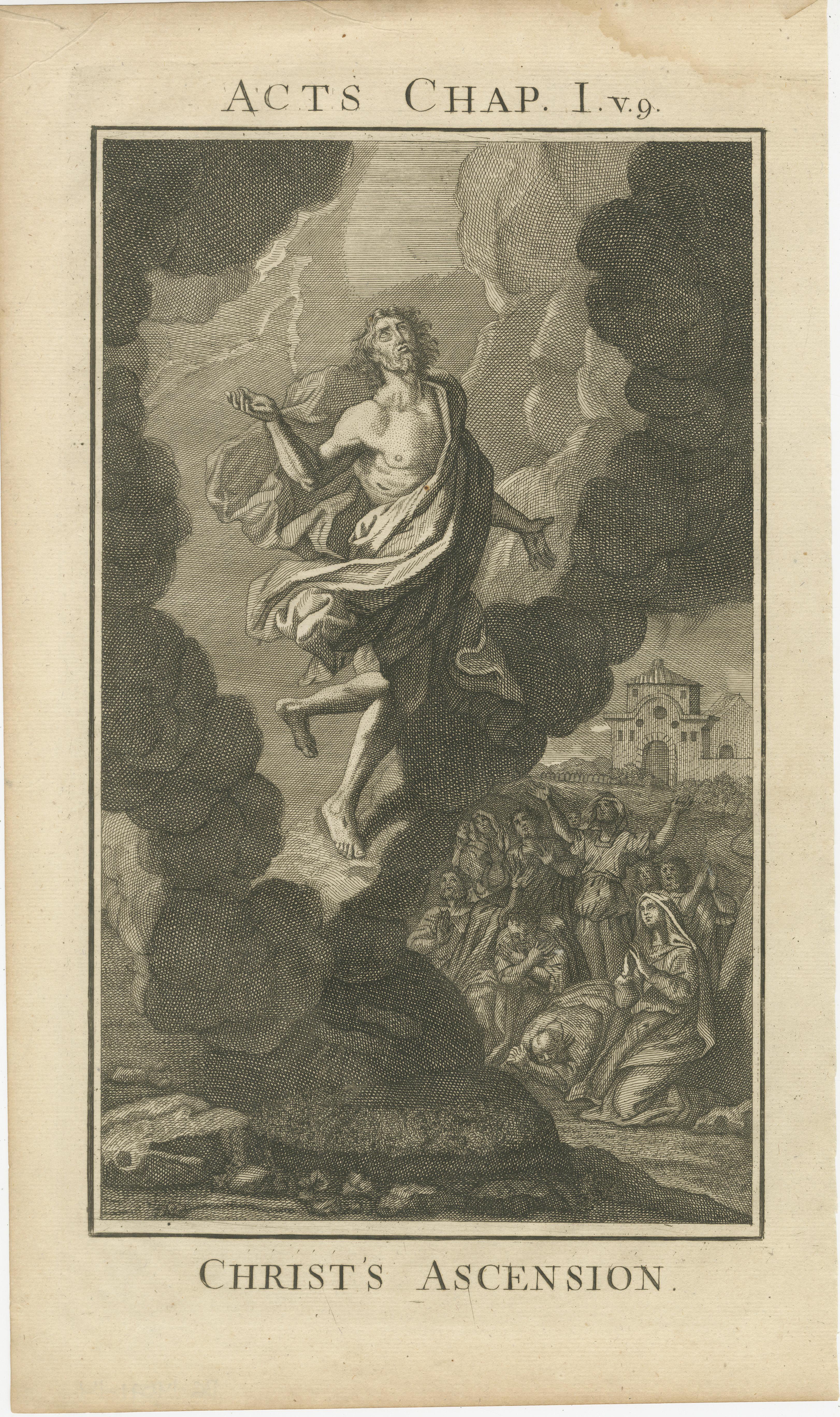 Titolo: Incisione sull'Ascensione di Cristo - Atti I Scena dell'Ascensione c.1735

Descrizione:
Questa potente incisione antica intitolata 