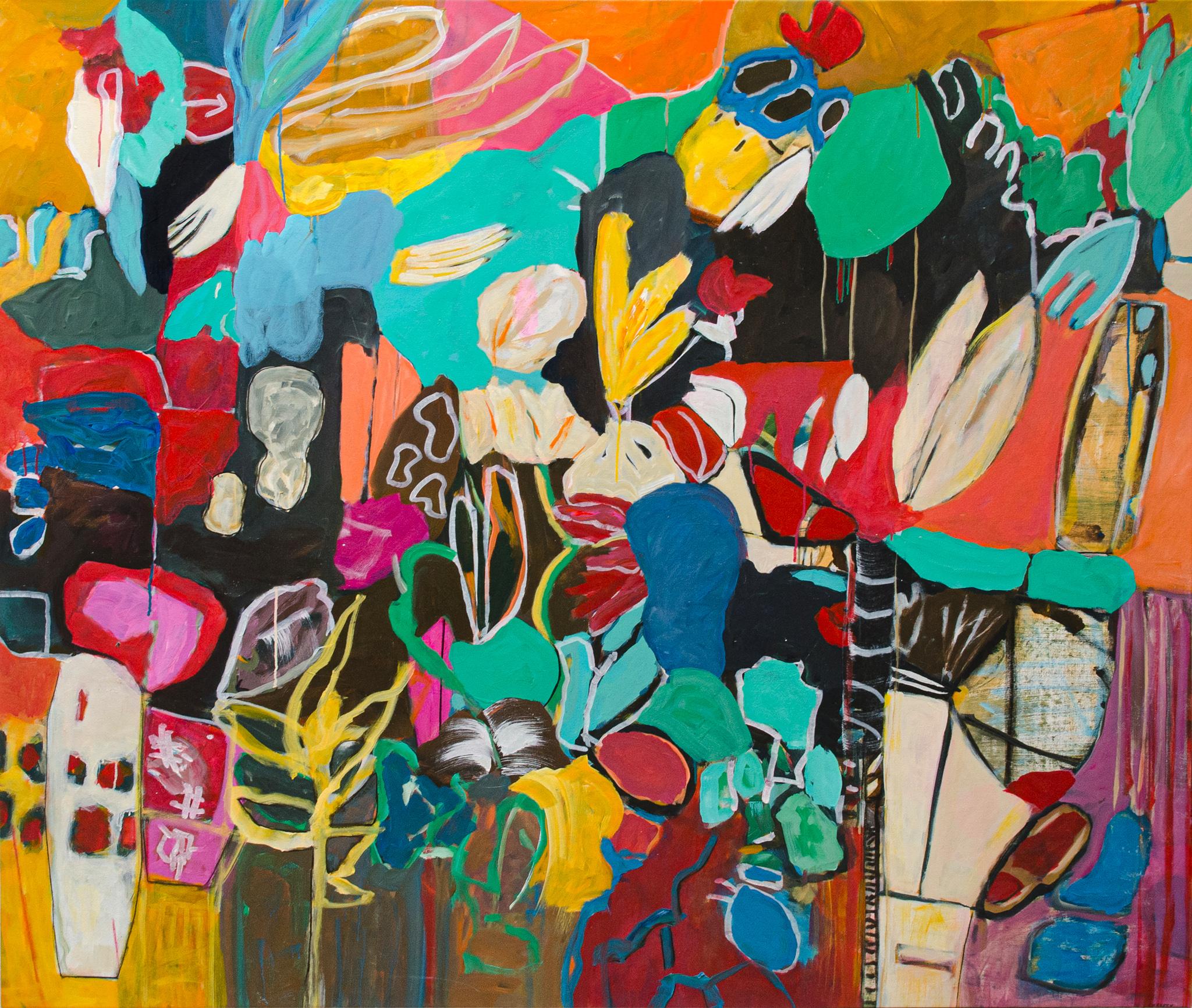 Christy Hopkins Abstract Painting - Leaping Gazelles and a Can of Butane