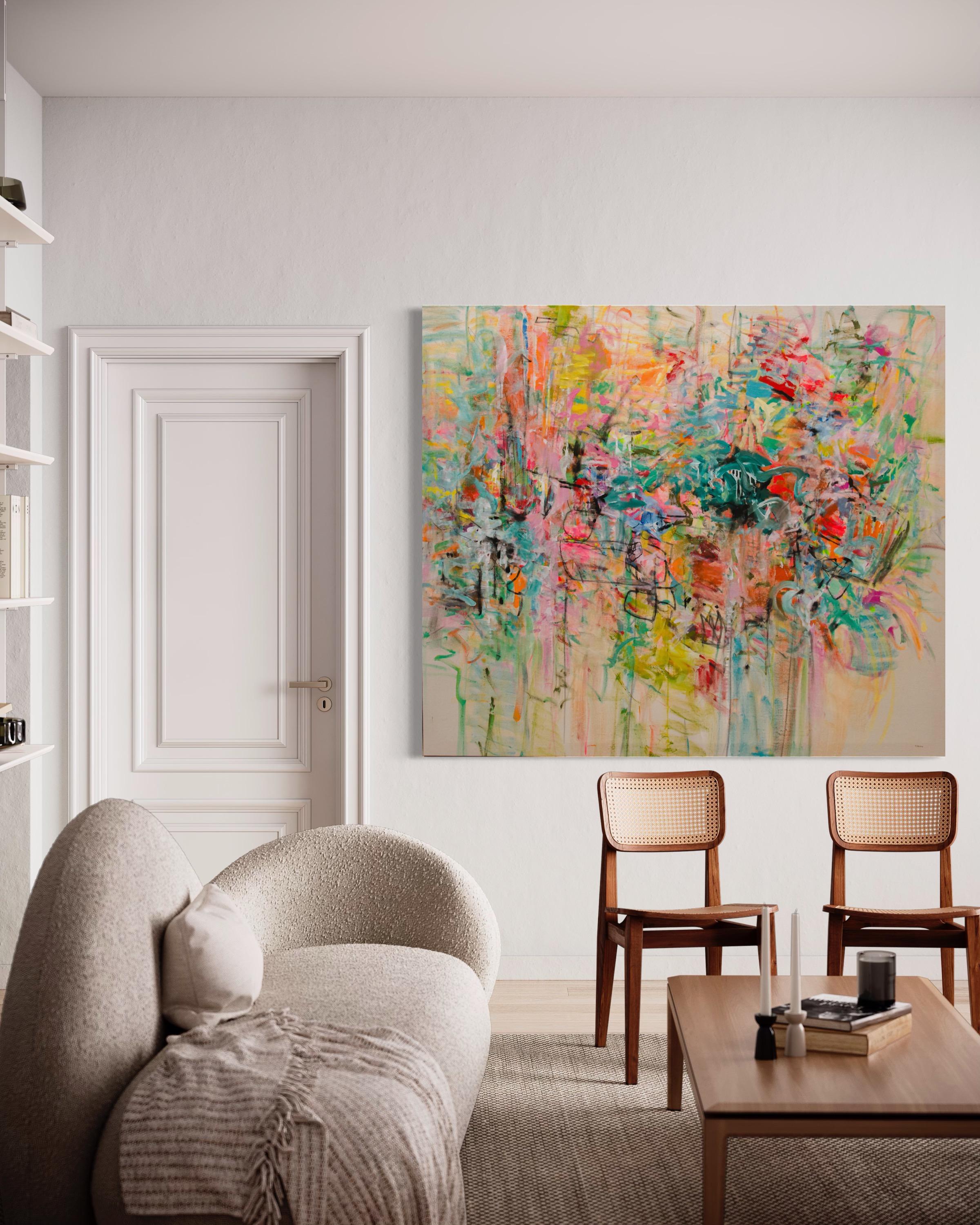 ABOUT THE ARTWORK

Alive with a medley of yellow, orange, pink, and blue shades, interplaying shapes flourish against a serene creamy backdrop, creating depth and adding to its expression of color and form—a compelling visual narrative woven by
