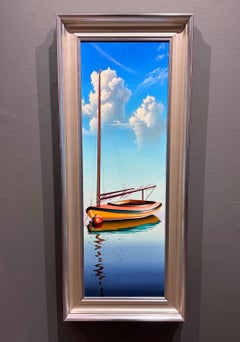 Christy Peterson, "Peach Sailboat", 36x12 Sailboat Seascape Oil Painting