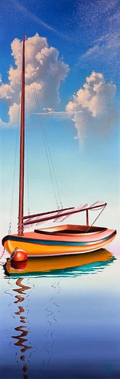 Christy Peterson, "Peach Sailboat", 36x12 Sailboat Seascape Oil Painting