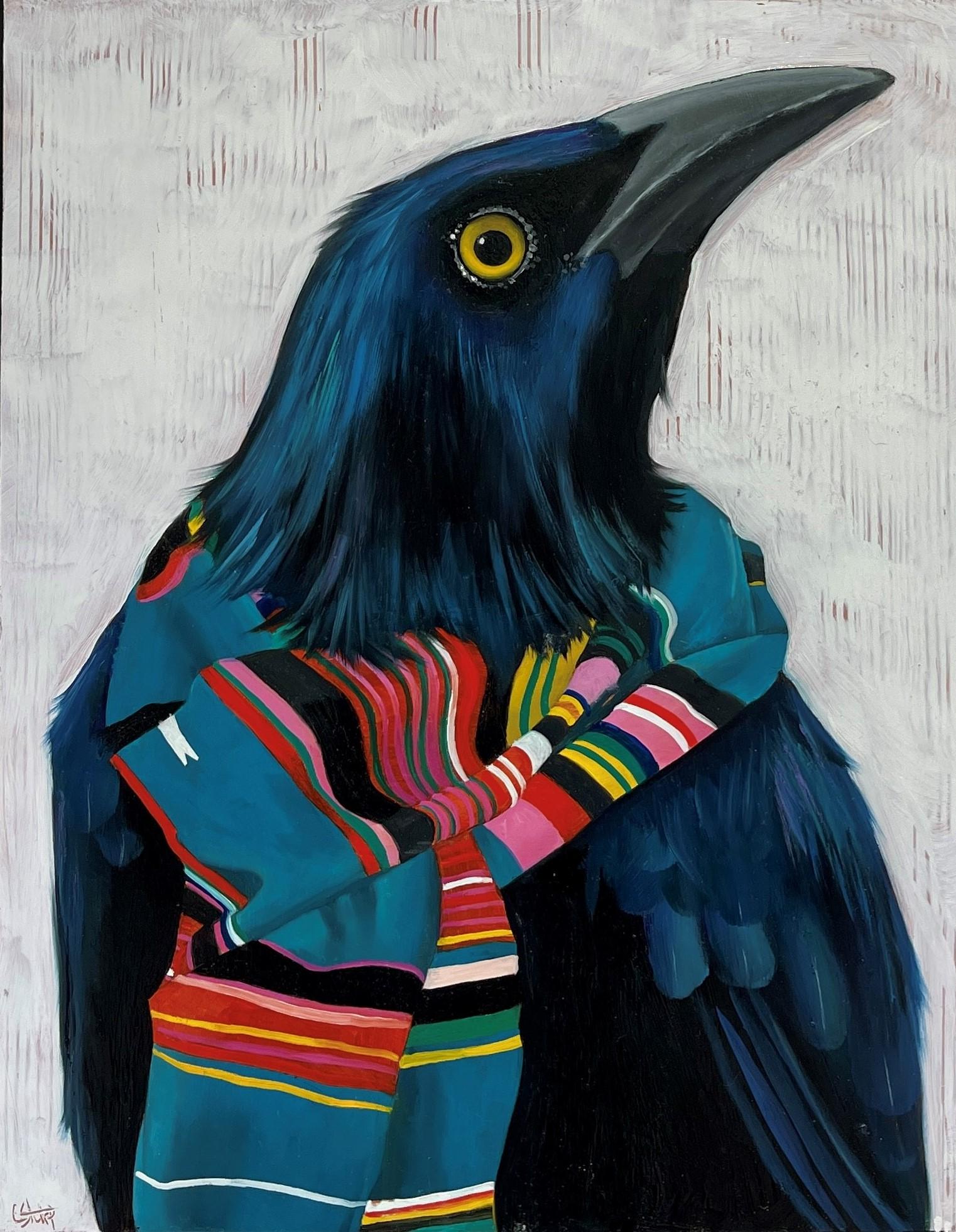 "Bundle Up" Grackle Bird with Colorful Scarf Oil Painting by Christy Stallop