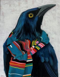 „Bundle Up“ Grackle Bird mit buntem Schal, Ölgemälde von Christy Stallop