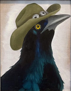 Peinture à l'huile "Cowpoke" de l'oiseau Grackle avec chapeau de cow-boy par Christie Stallop