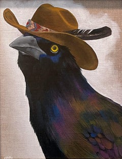 "Goucho" Grackle Bird with Cowboy Hat Oil Painting by Christy Stallop