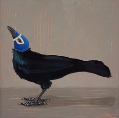 "Luchador Misterioso" Grackle Bird Oil Painting by Christy Stallop