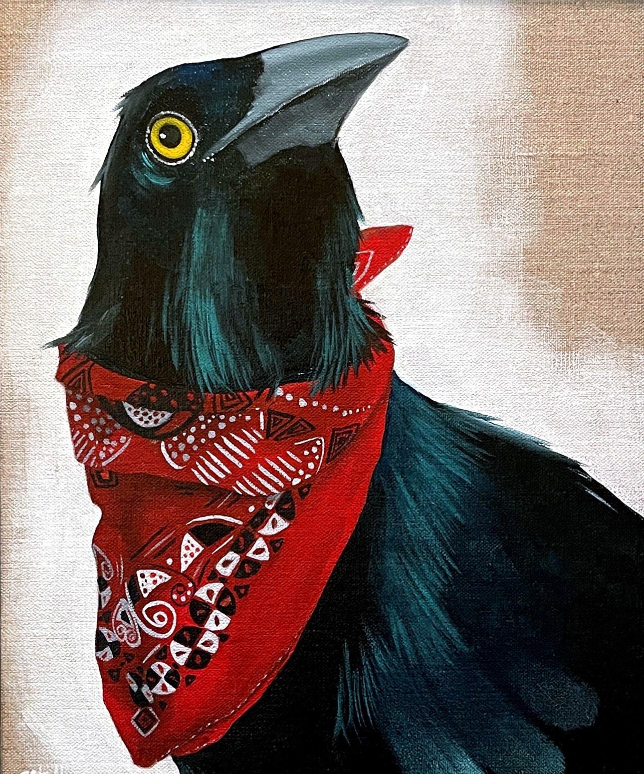 Christy Stallop's "Sidekick" (2022) is an original oil painting on linen, measuring 14 x 11 inches. This striking portrait features a grackle adorned with a vibrant red bandana, set against a minimalistic background. Stallop's meticulous brushwork