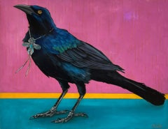 "Southwest Charmer" Grackle Bird Silver Necklace Oil Painting by Christy Stallop