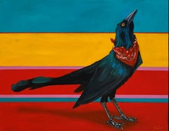 Peinture à l'huile "Standing Tall" Grackle Bird w/Red Handkerchief de Christy Stallop