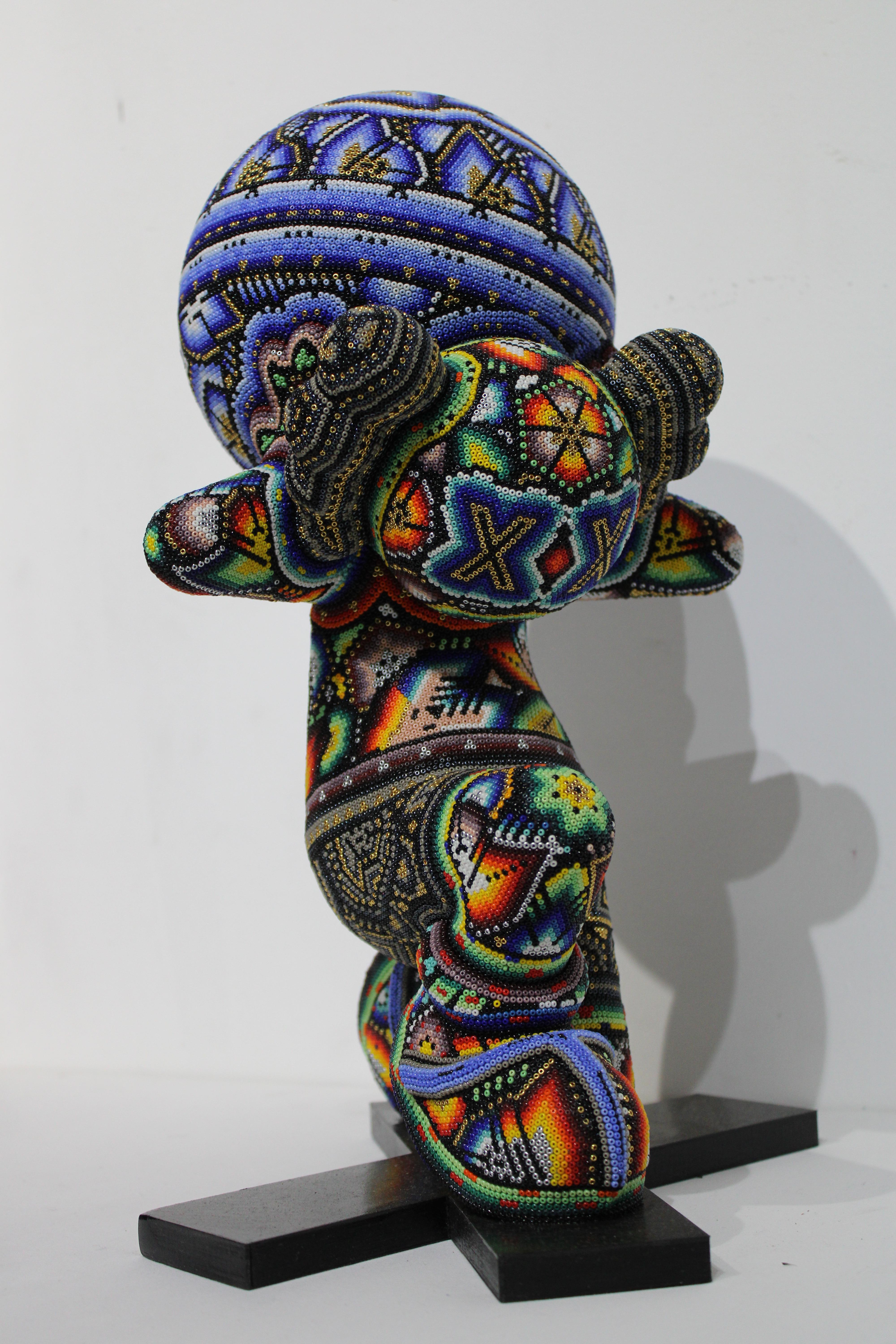 Figurative Sculpture de CHROMA aka Rick Wolfryd  - Huichol " Atlas" Escultura de cuentas de la Serie Huichol by CHROMA