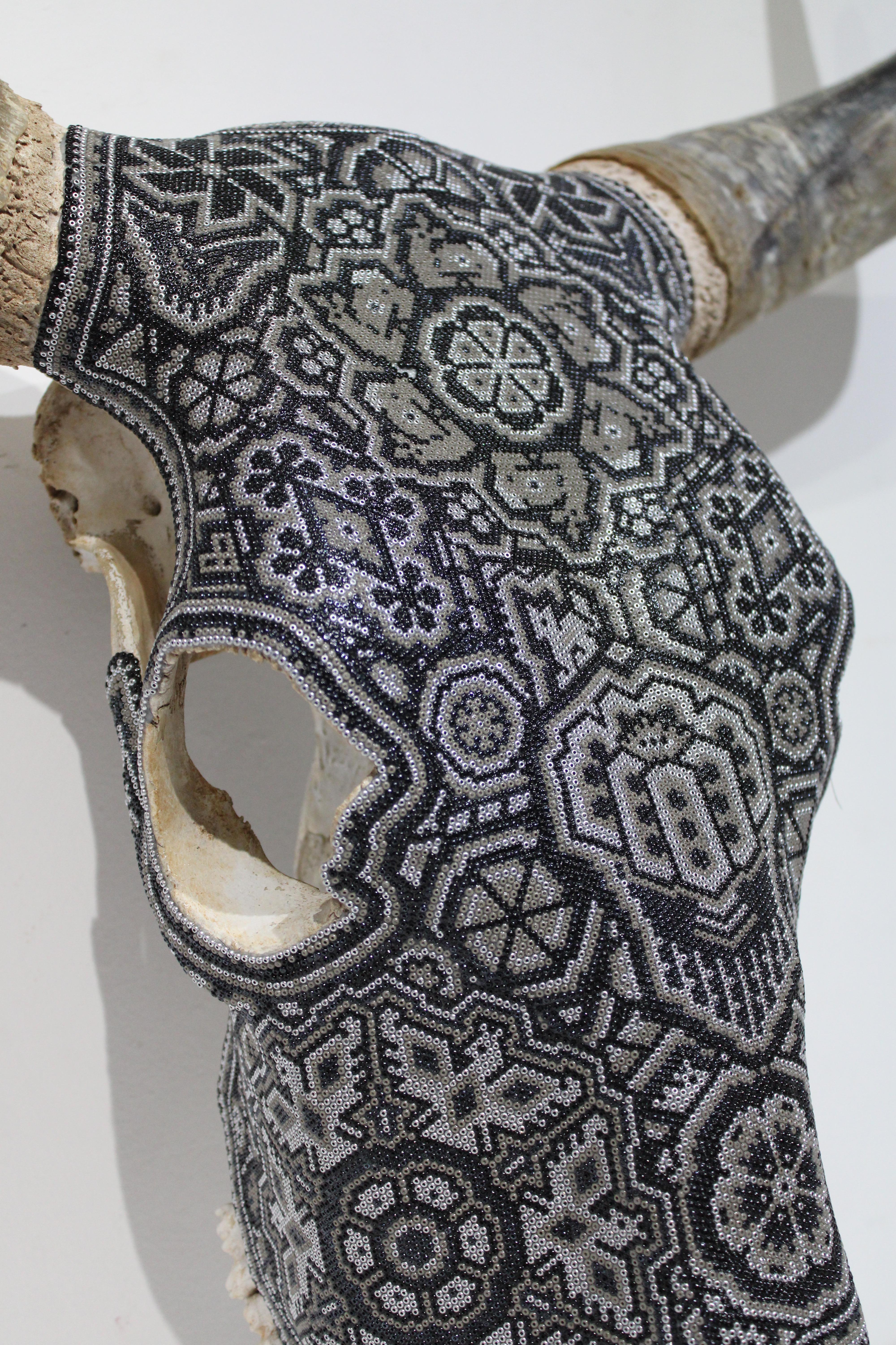 CHROMA aka Rick Wolfryd  Abstract Sculpture - Huichol " Bull Skull " Beaded Wall Sculpture from Huichol Alterations