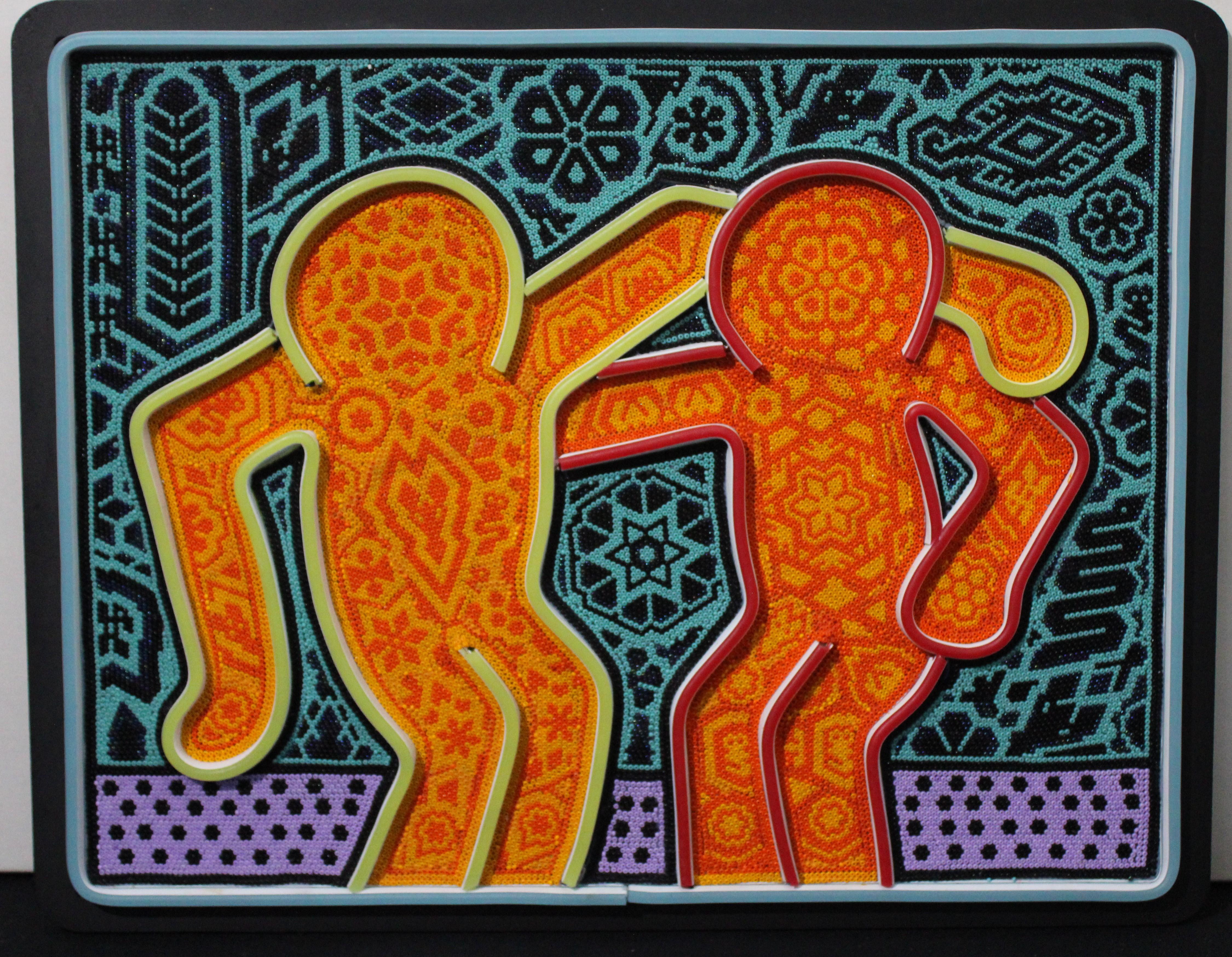 Figurative Sculpture CHROMA aka Rick Wolfryd  - After Keith Haring "BEST BUDDIES" Beaded Wall Sculp by CHROMA aka Rick Wolfryd