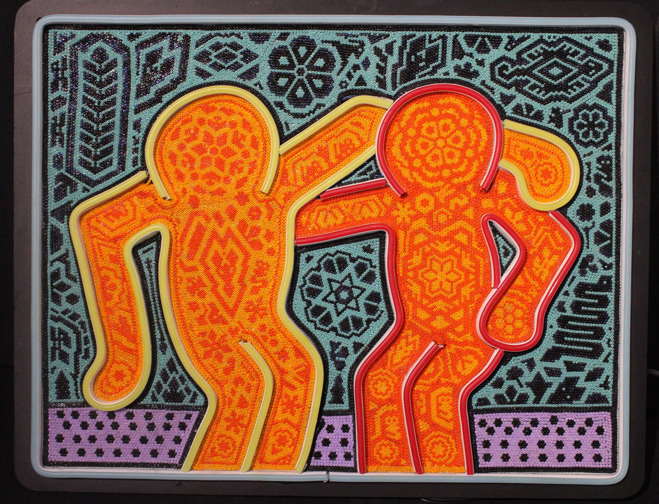 CHROMA aka Rick Wolfryd  Abstract Sculpture - After Keith Haring "BEST BUDDIES" Beaded Wall Sculp by CHROMA aka Rick Wolfryd