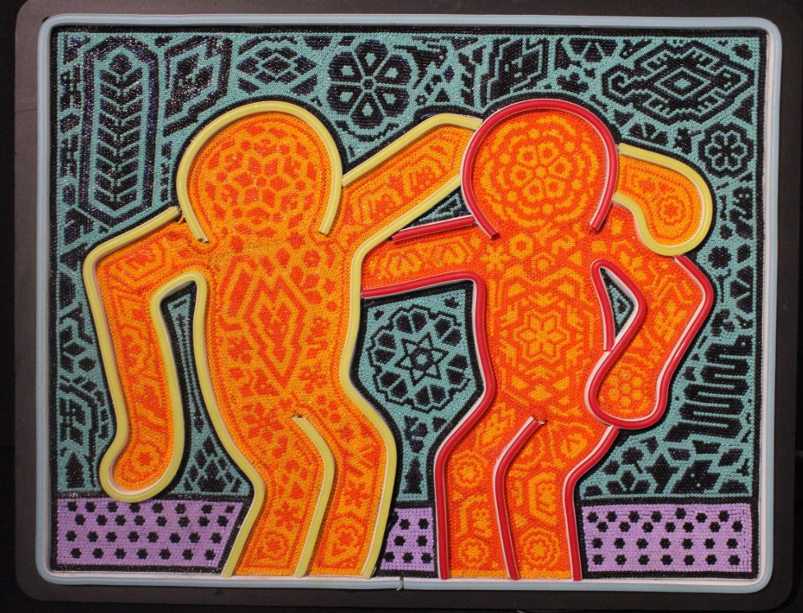 Figurative Sculpture de CHROMA aka Rick Wolfryd  - After Keith Haring "BEST BUDDIES" Escultura de pared con cuentas por CHROMA alias Rick Wolfryd