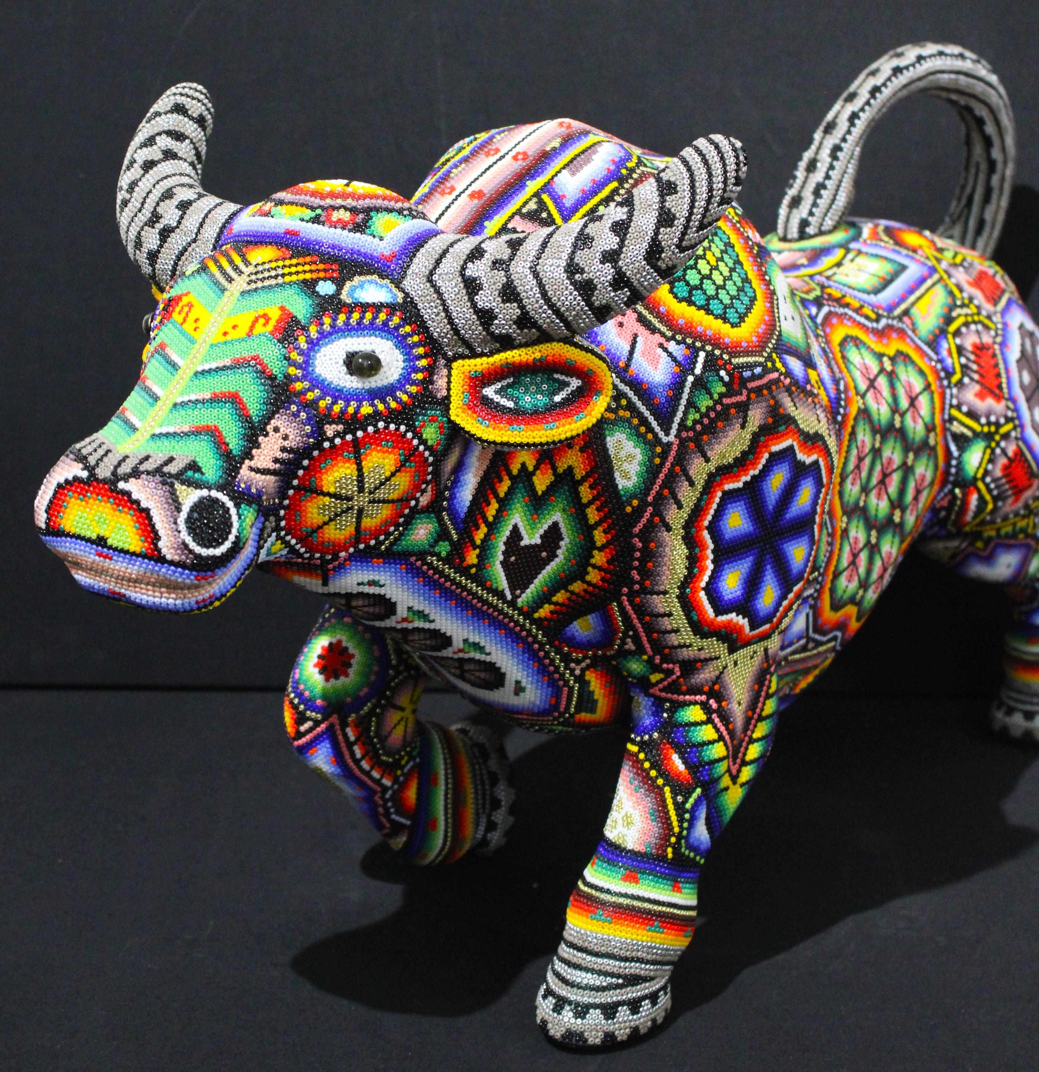 CHROMA aka Rick Wolfryd  Figurative Sculpture - CHROMA-"RED BULL" Huichol Alteration Series