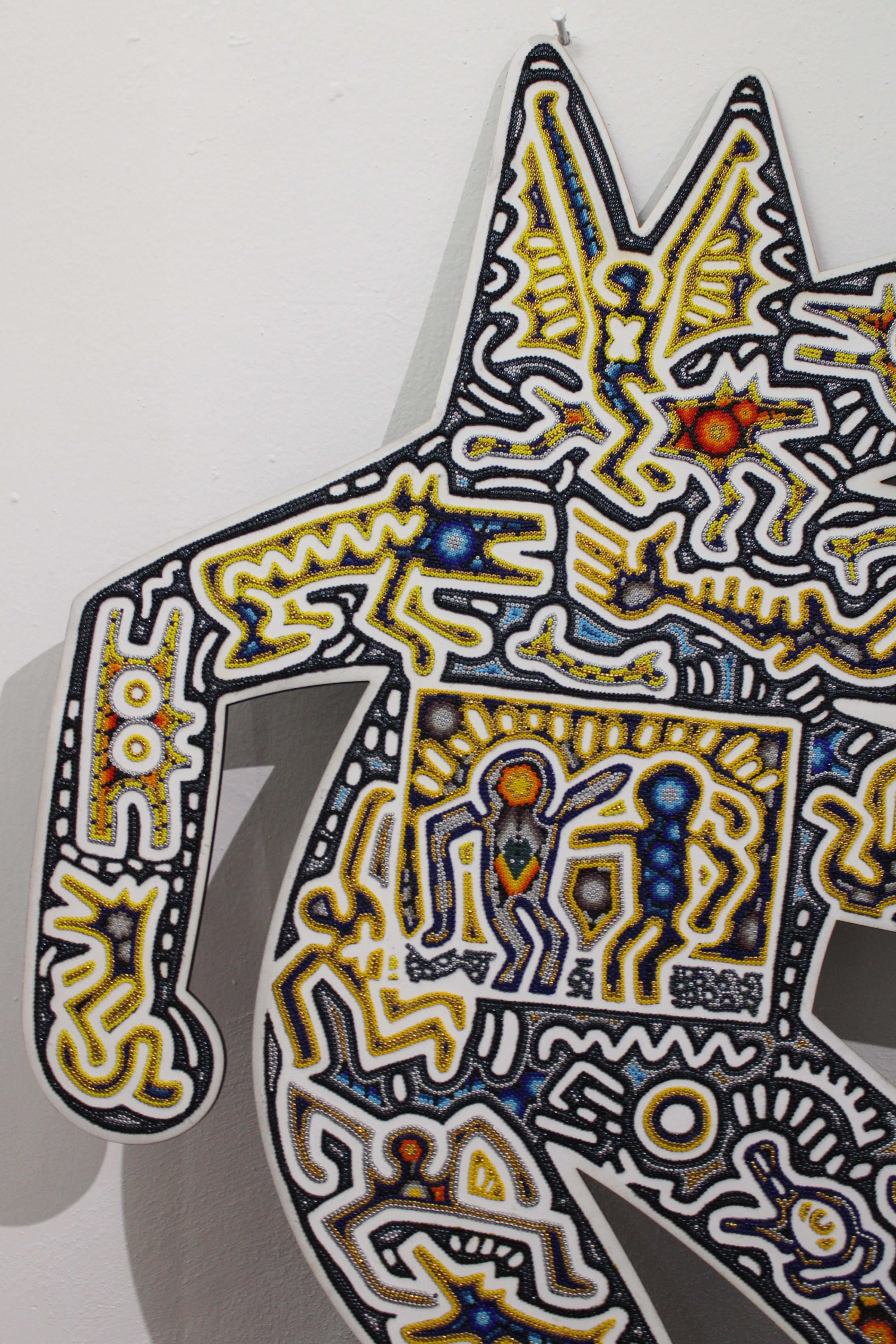 CHROMA aka Rick Wolfry  Barking Dog After Keith Haring  Huichol Beaded Plaque - Pop Art Sculpture by CHROMA aka Rick Wolfryd 