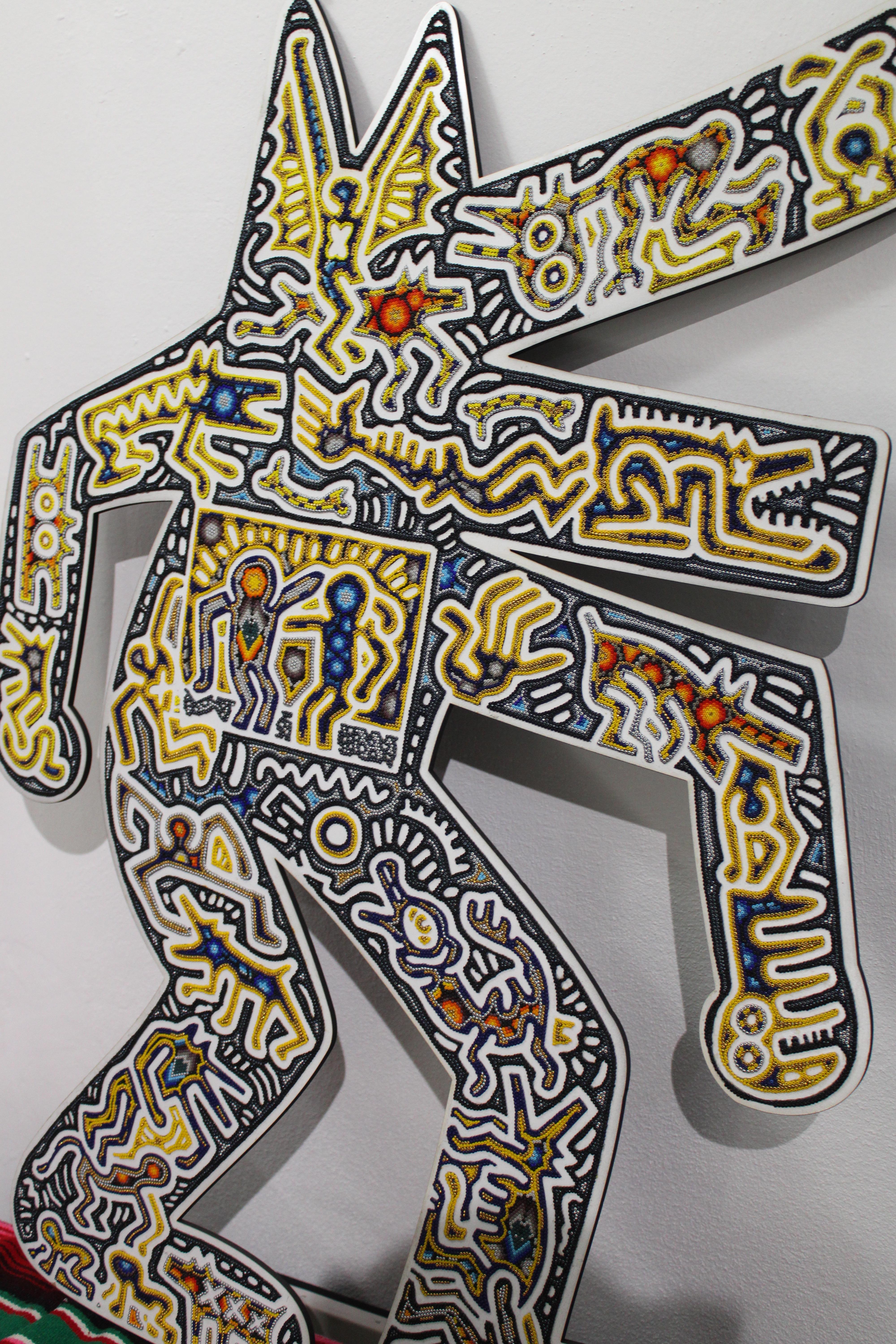 CHROMA aka Rick Wolfry  Barking Dog After Keith Haring  Huichol Beaded Plaque - Gray Abstract Sculpture by CHROMA aka Rick Wolfryd 
