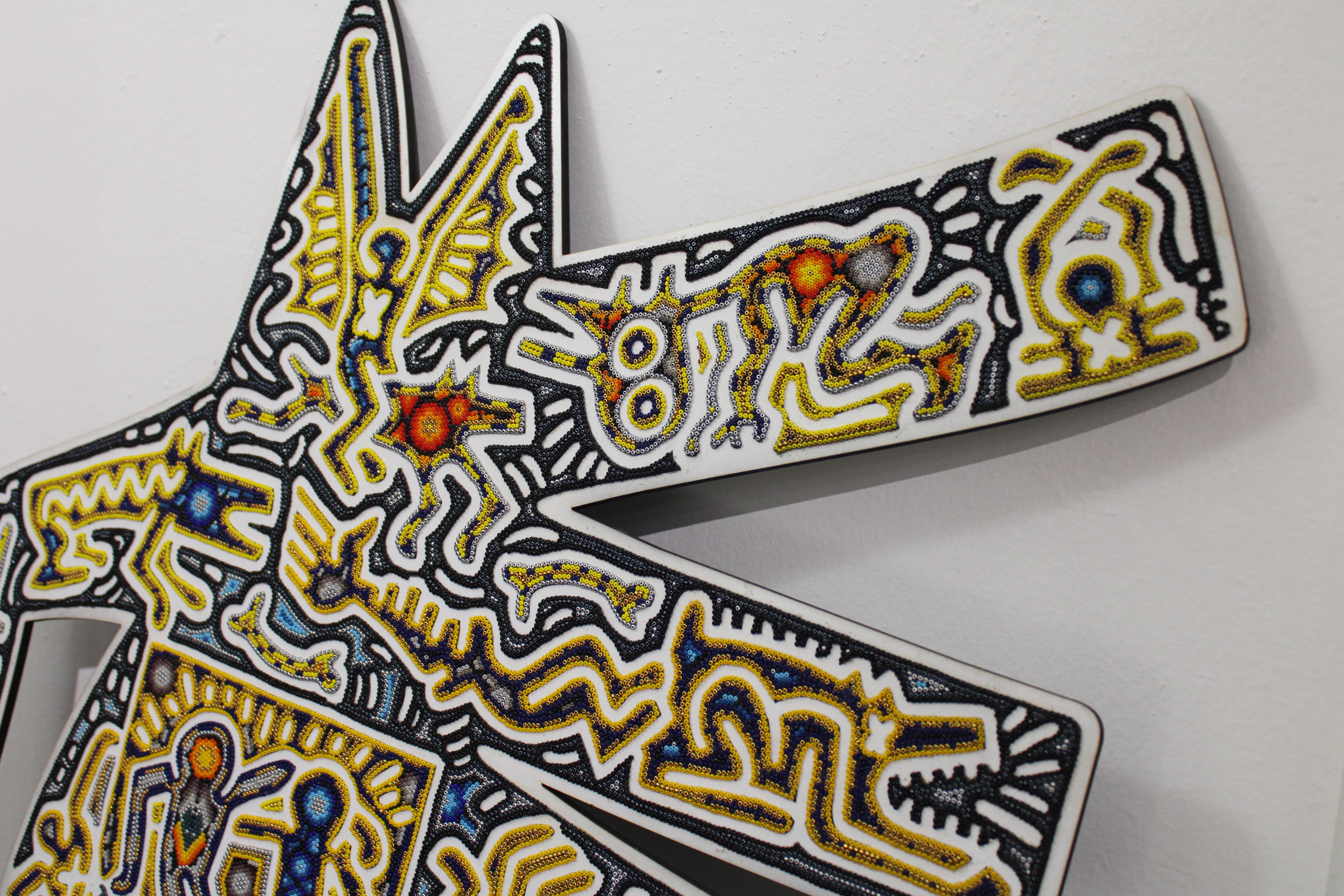 CHROMA aka Rick Wolfry  Barking Dog After Keith Haring  Huichol Beaded Plaque For Sale 2