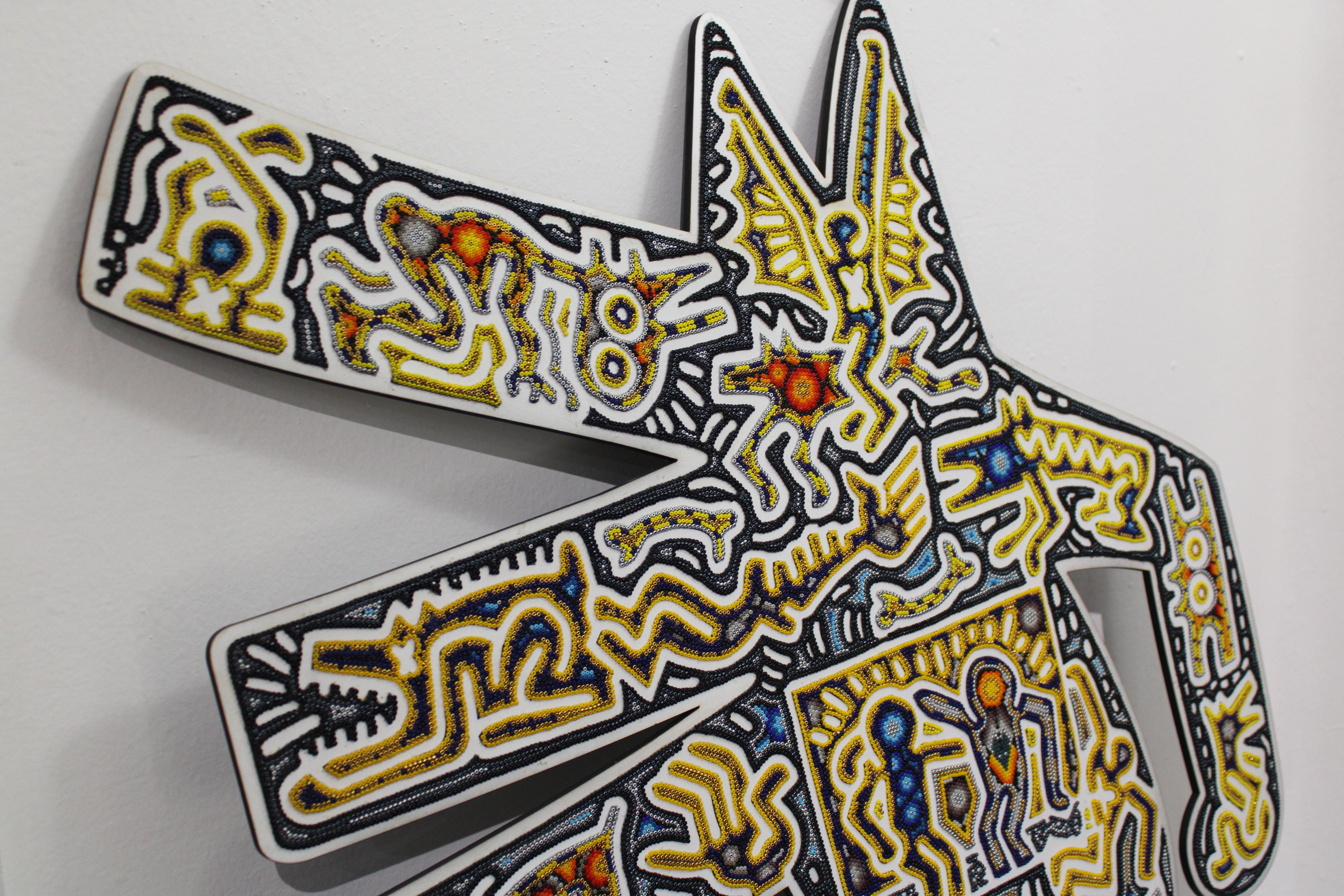 CHROMA aka Rick Wolfry  Barking Dog After Keith Haring  Huichol Beaded Plaque For Sale 4