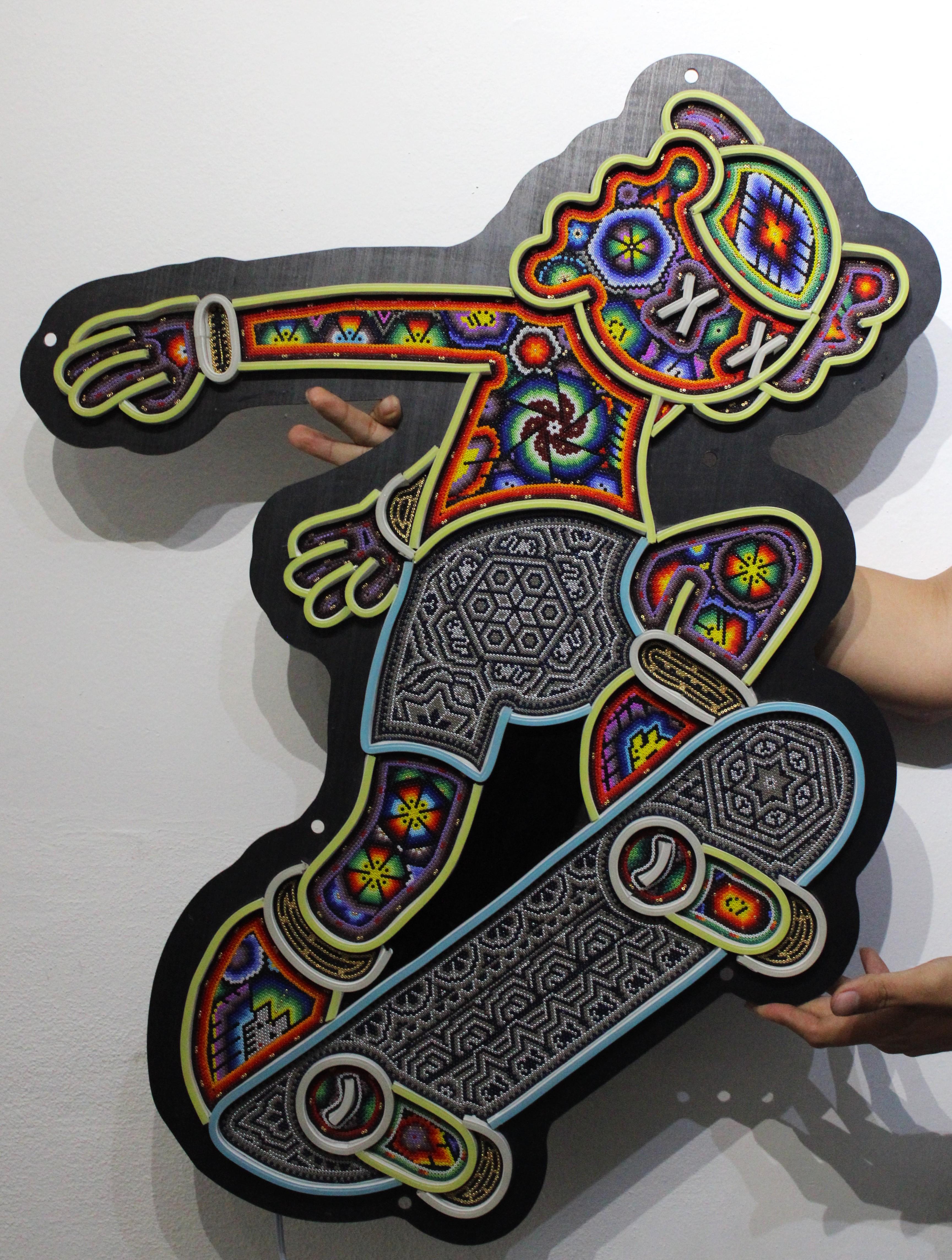 Huichol " SKATER " Beaded Wall Sculpture by Rick Wolfryd a.k.a CHROMA