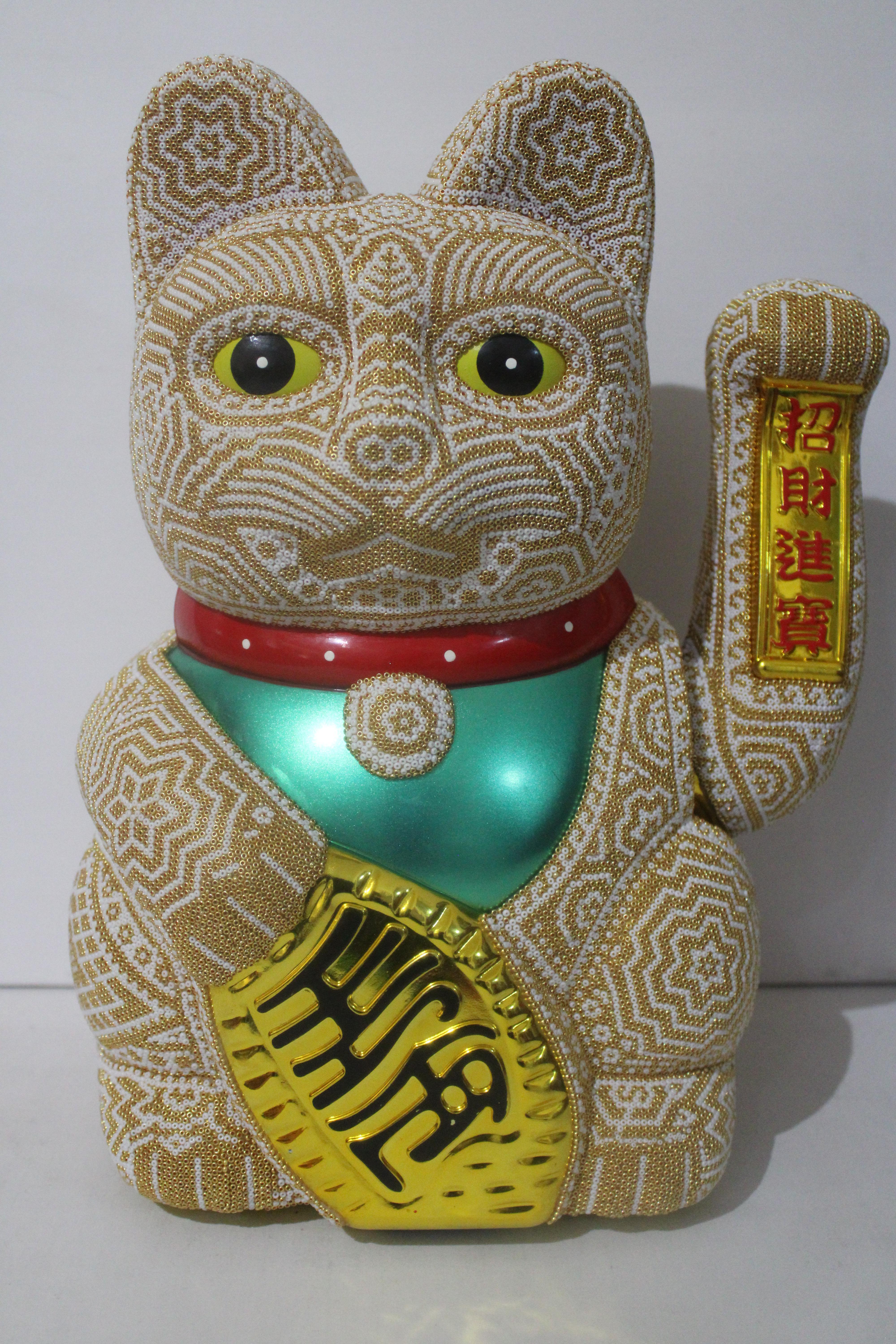Large Money Cat from Huichol ALTERATIONS Series - Sculpture by CHROMA aka Rick Wolfryd 