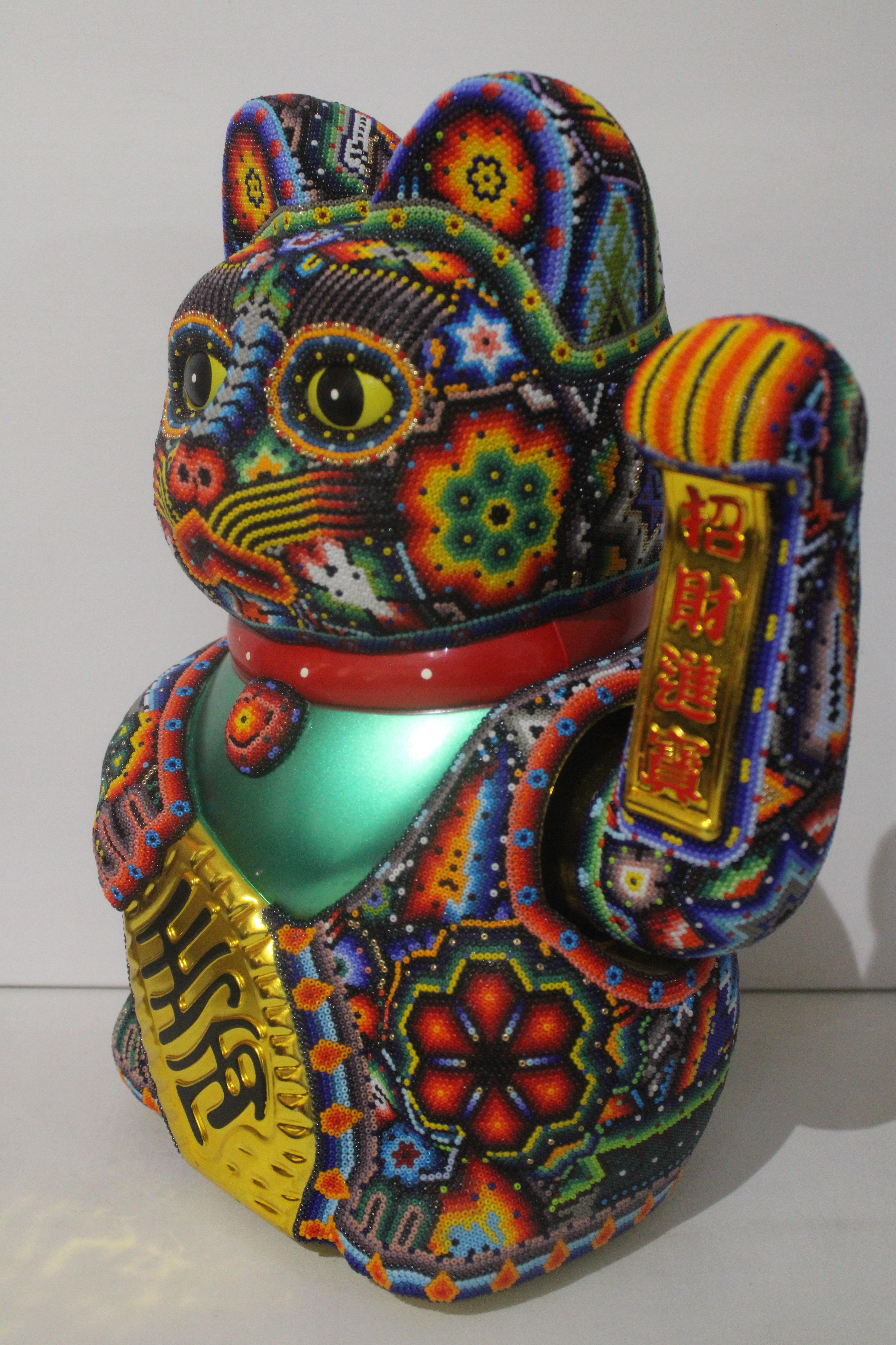 Large Money Cat from Huichol ALTERATIONS Series - Sculpture by CHROMA aka Rick Wolfryd 