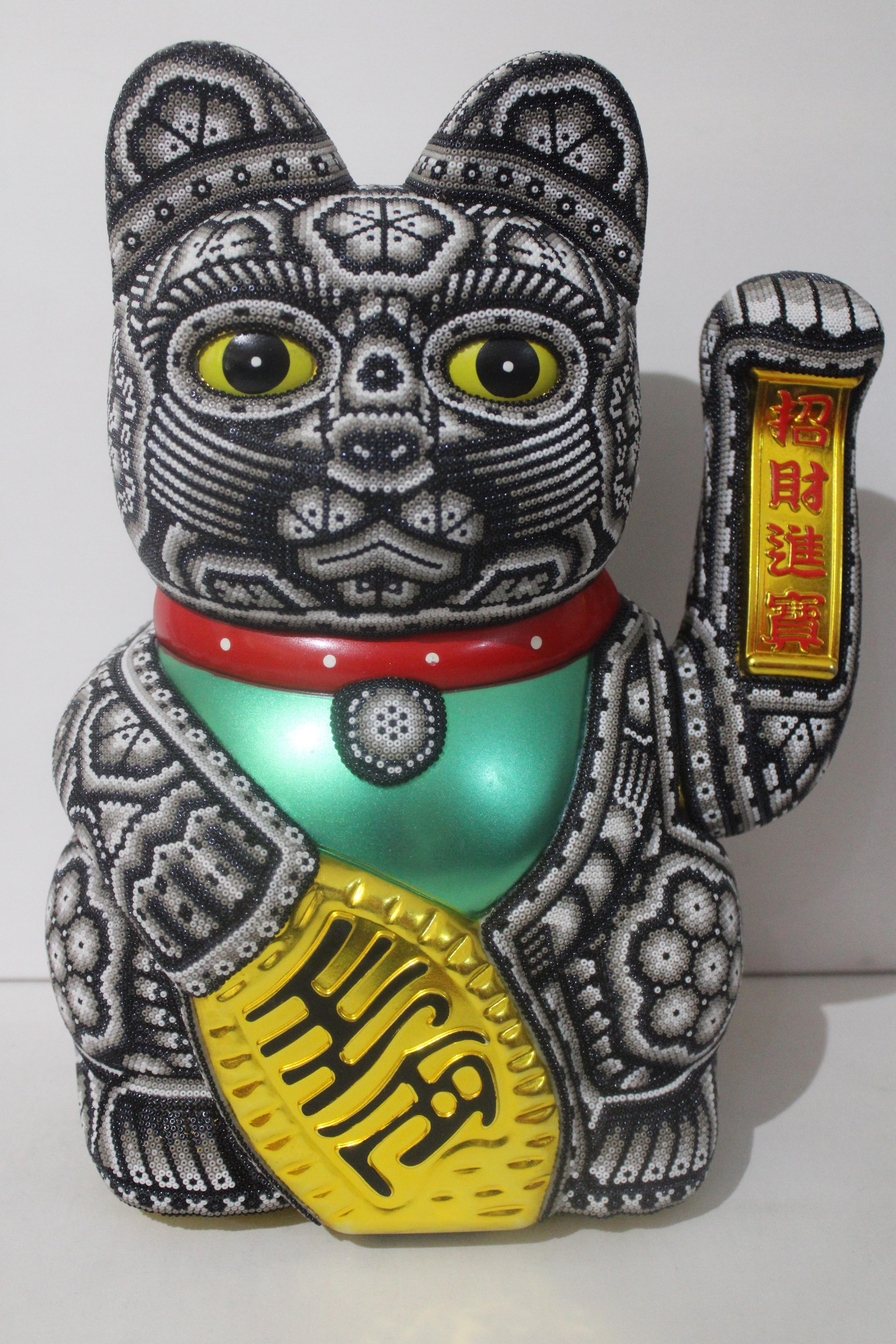 Large Money Cat from Huichol ALTERATIONS Series - Sculpture by CHROMA aka Rick Wolfryd 