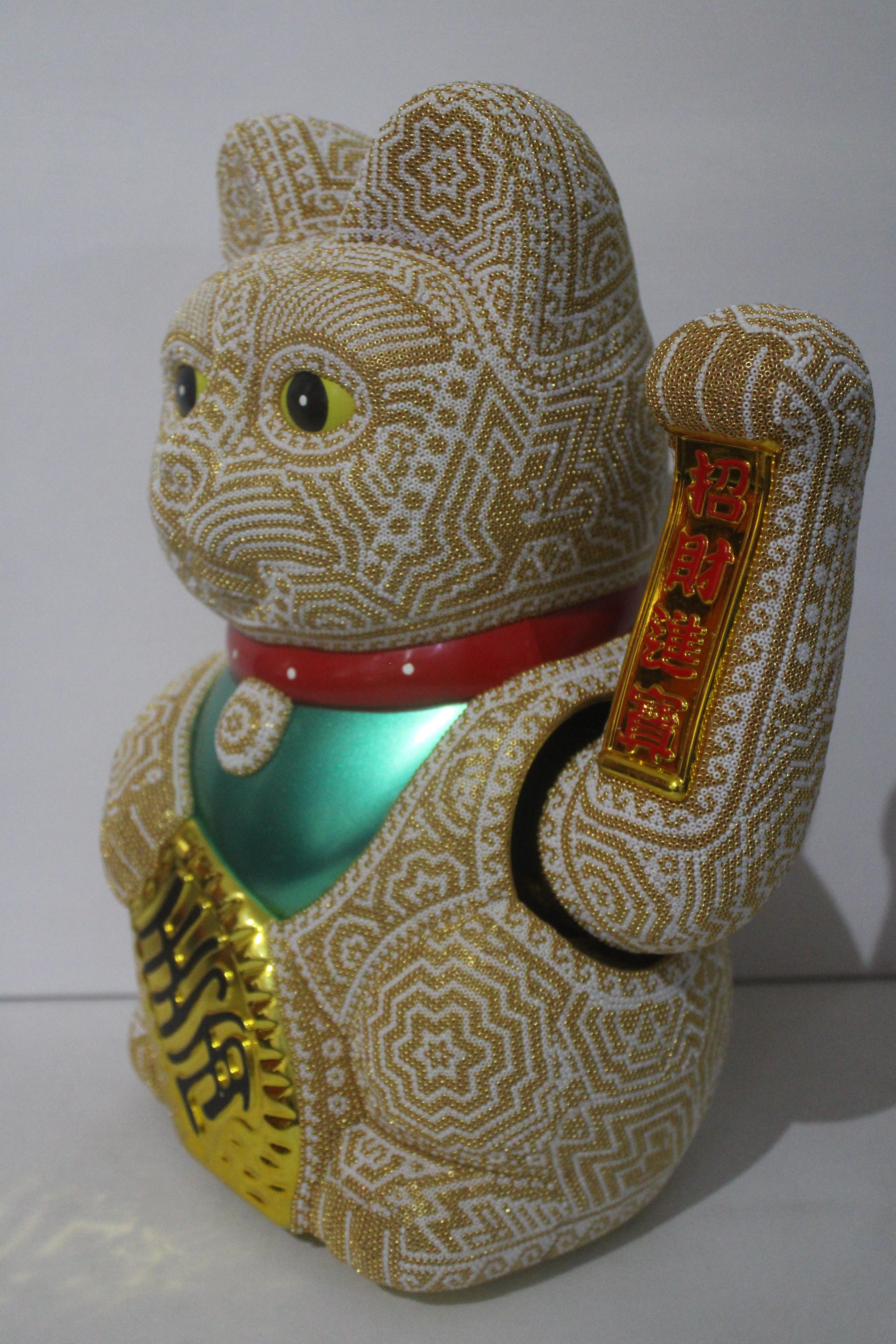 Large Money Cat from Huichol ALTERATIONS Series - Pop Art Sculpture by CHROMA aka Rick Wolfryd 