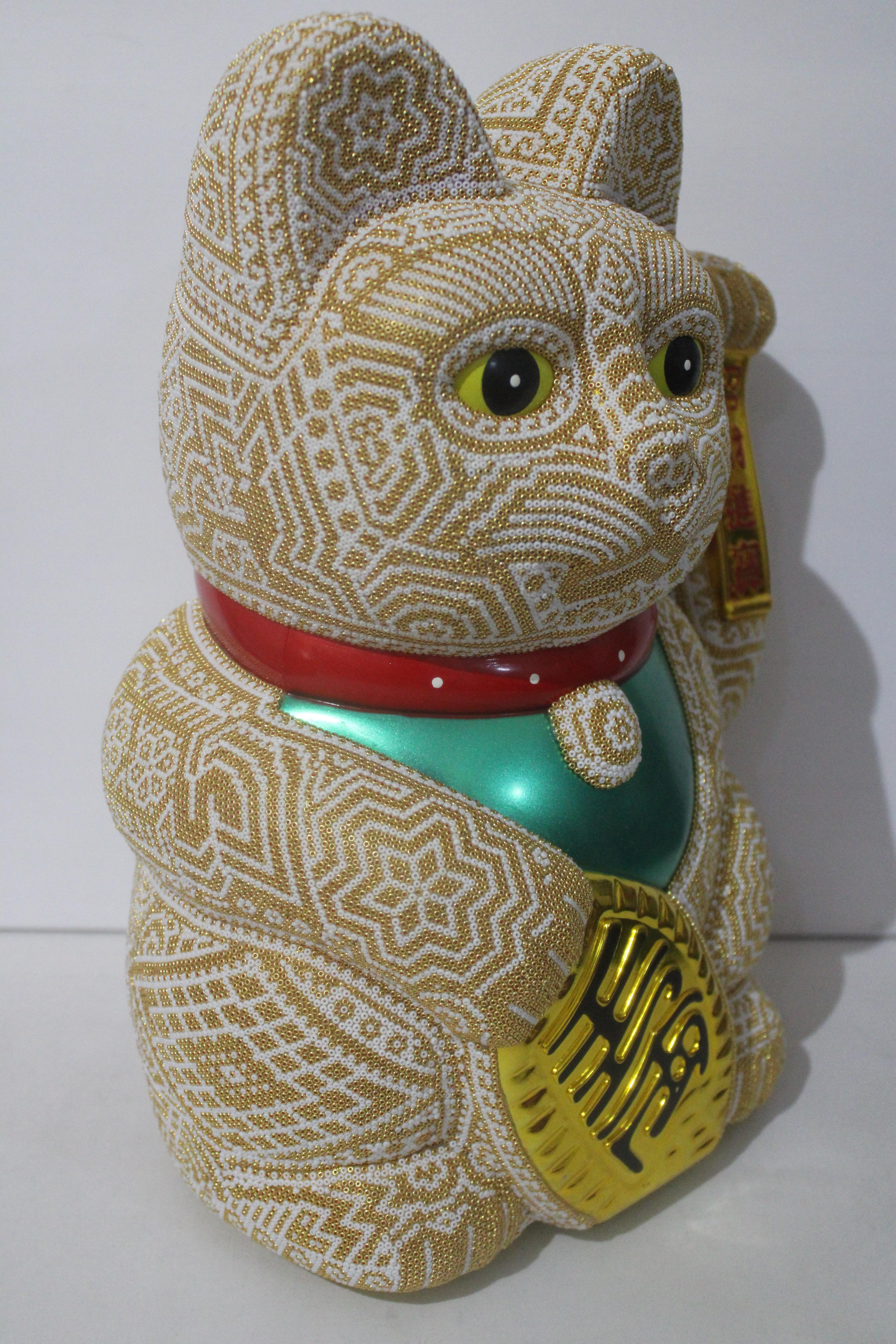 CHROMA aka Rick Wolfryd  Abstract Sculpture - Large Money Cat from Huichol ALTERATIONS Series