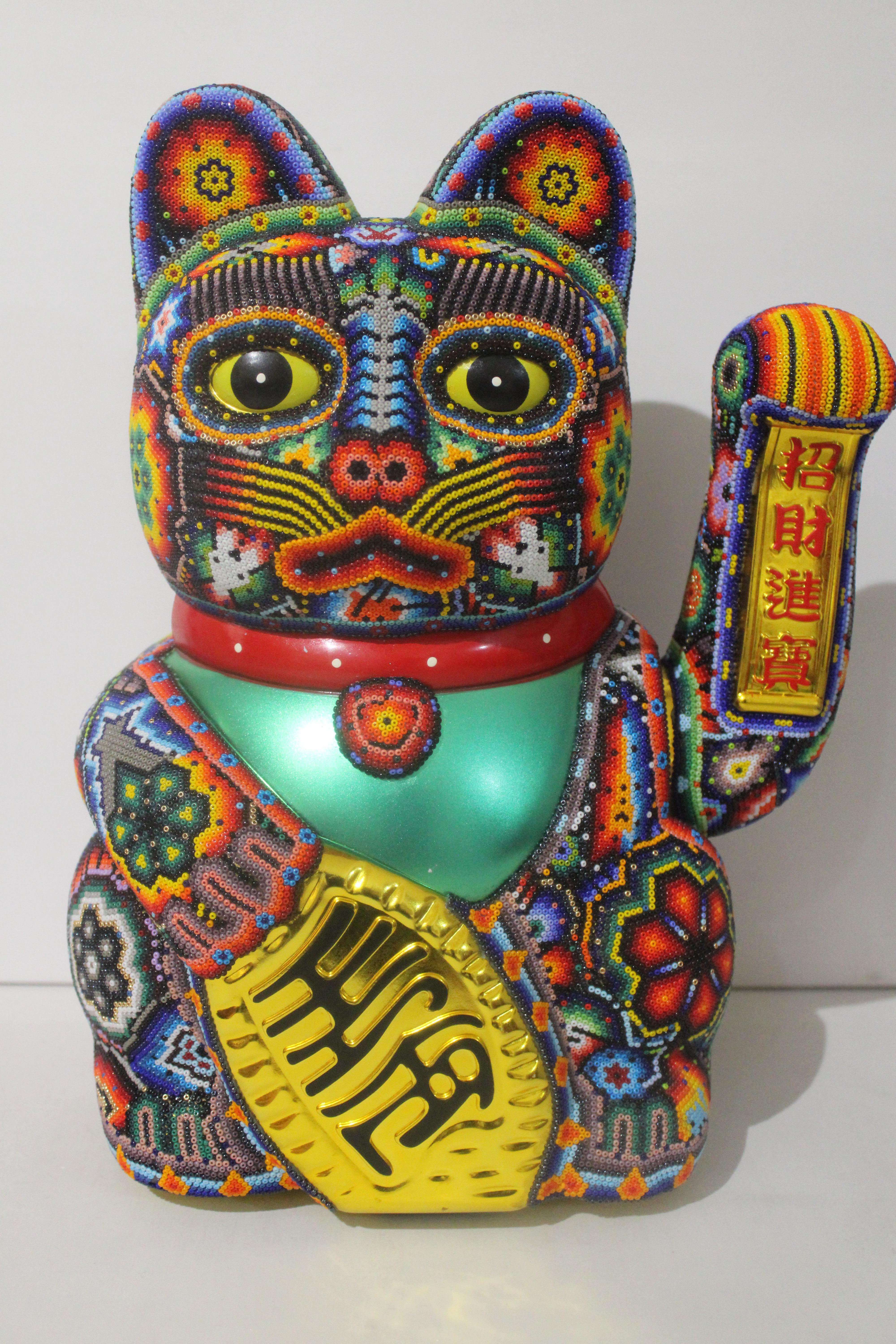 CHROMA aka Rick Wolfryd  Abstract Sculpture - Large Money Cat from Huichol ALTERATIONS Series