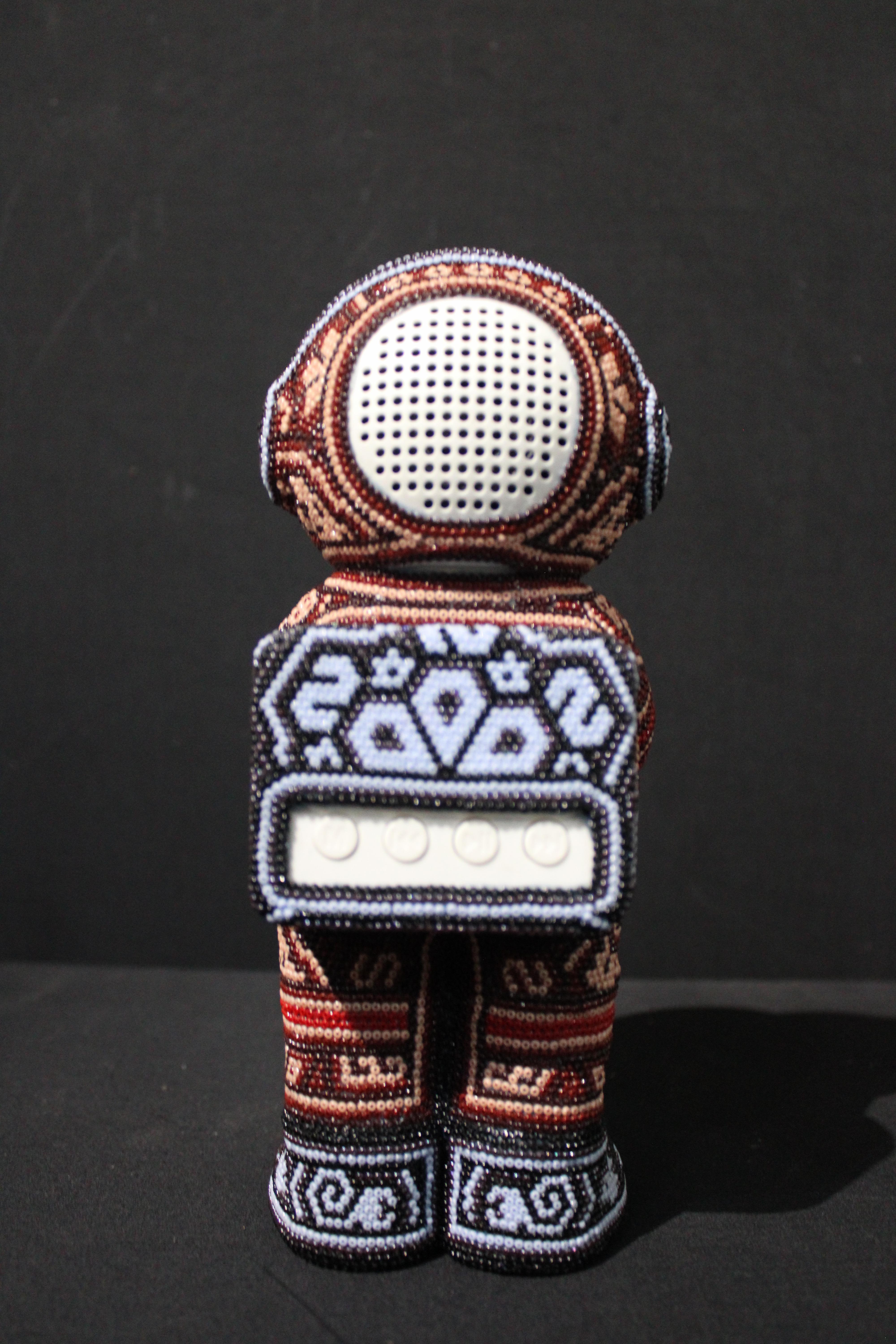 Mexican Huichol Astronaut Bluetooth Speaker  Beaded Sculpture - Black Abstract Sculpture by CHROMA aka Rick Wolfryd 