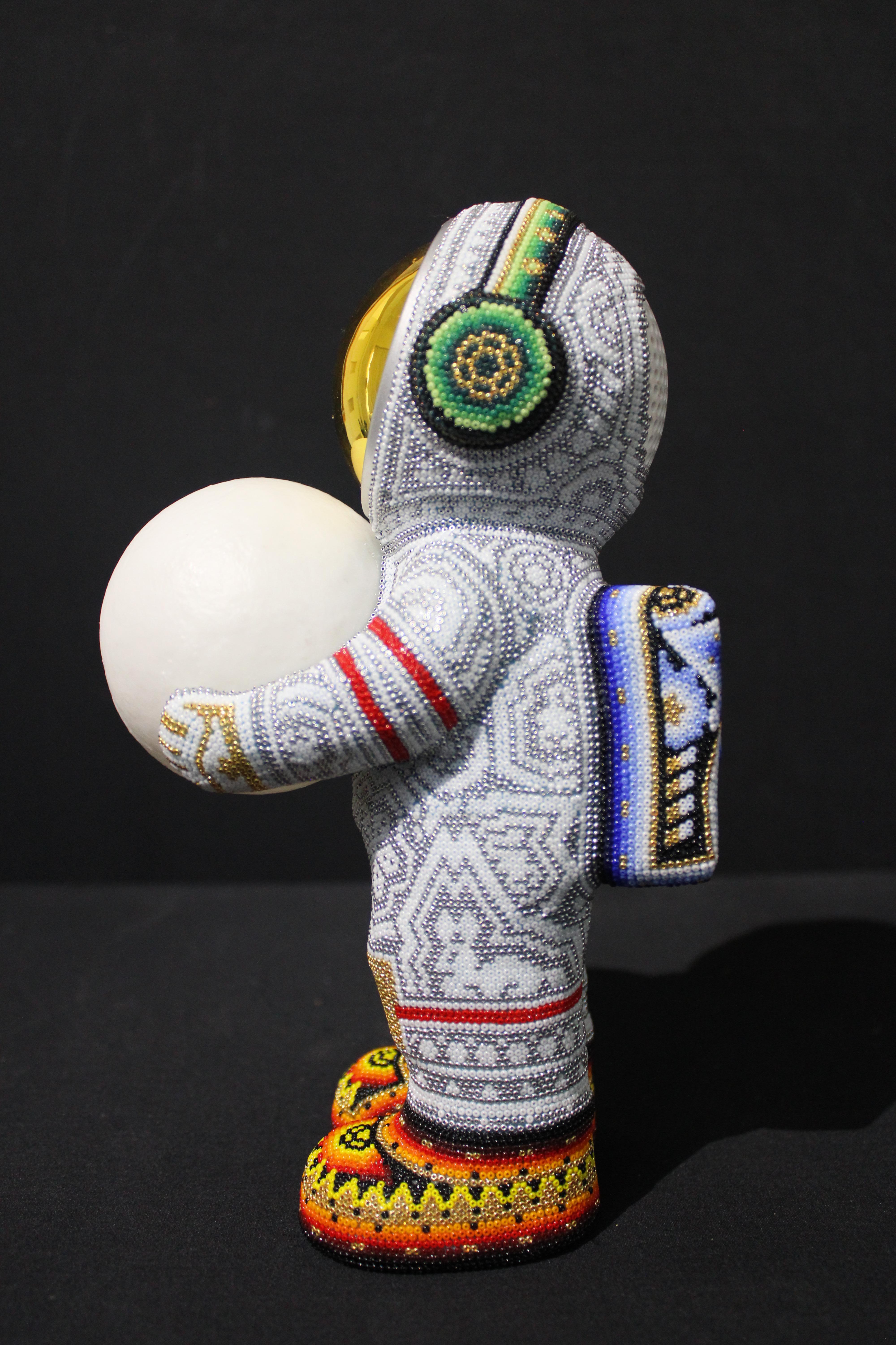 Mexican Huichol Astronaut Bluetooth Speaker Beaded Sculpture - Black Abstract Sculpture by CHROMA aka Rick Wolfryd 