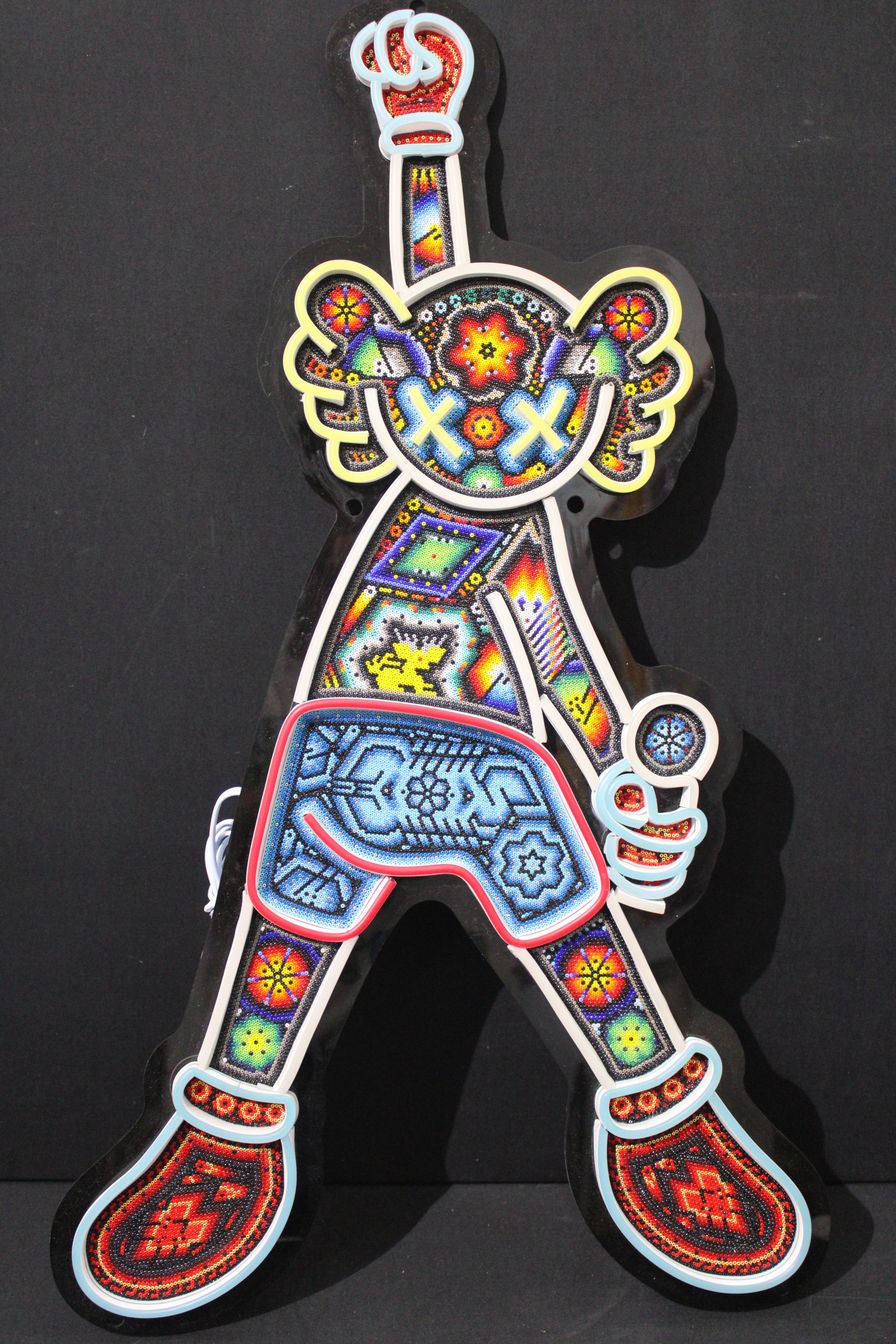 CHROMA aka Rick Wolfryd  Abstract Sculpture - Mexican Huichol Beaded Glow LED Neon Wall Light Wall Sculpture . . . FIBER OPTIC