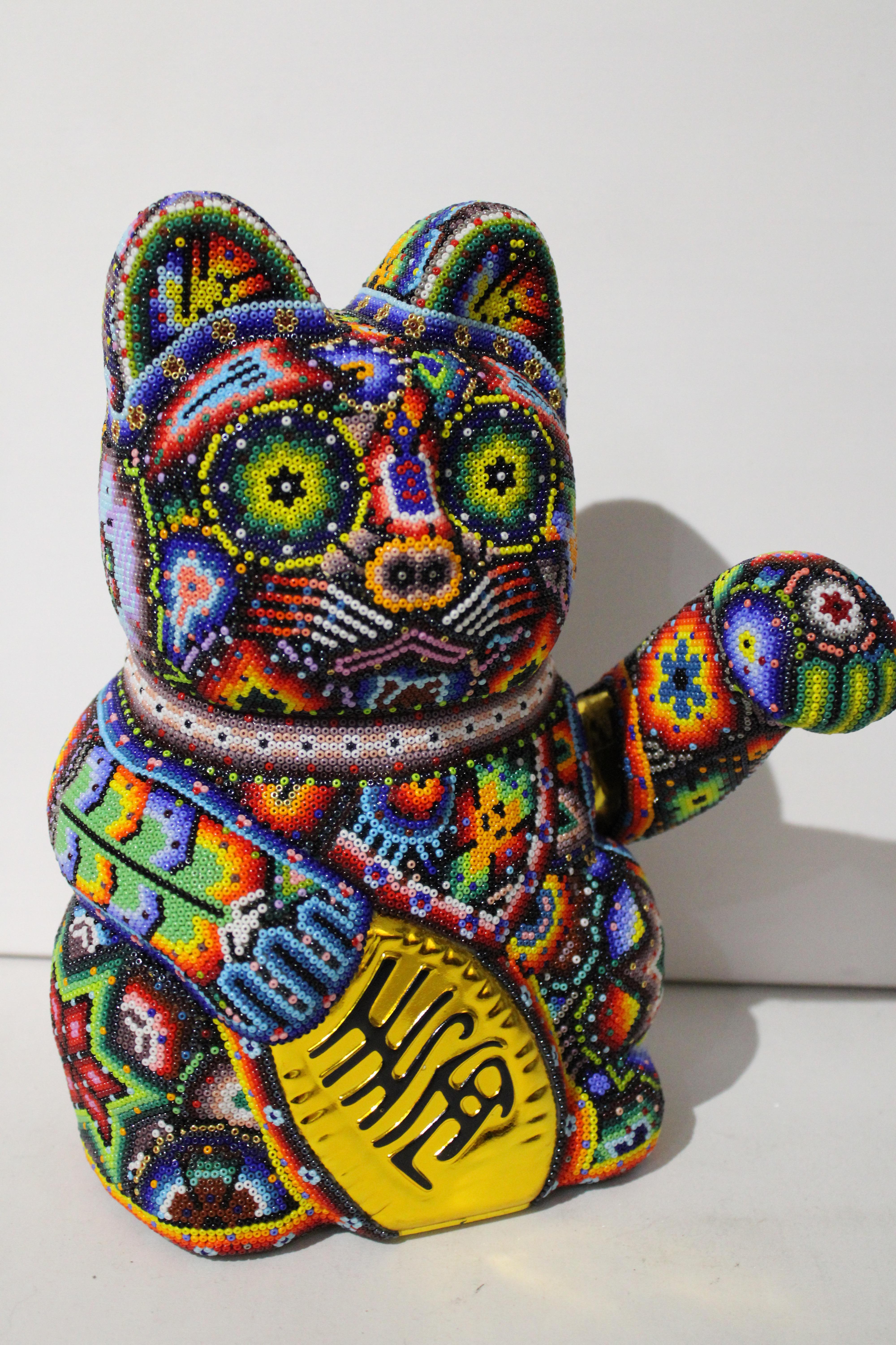 Money Cat from Huichol ALTERATIONS Series - Sculpture by CHROMA aka Rick Wolfryd 