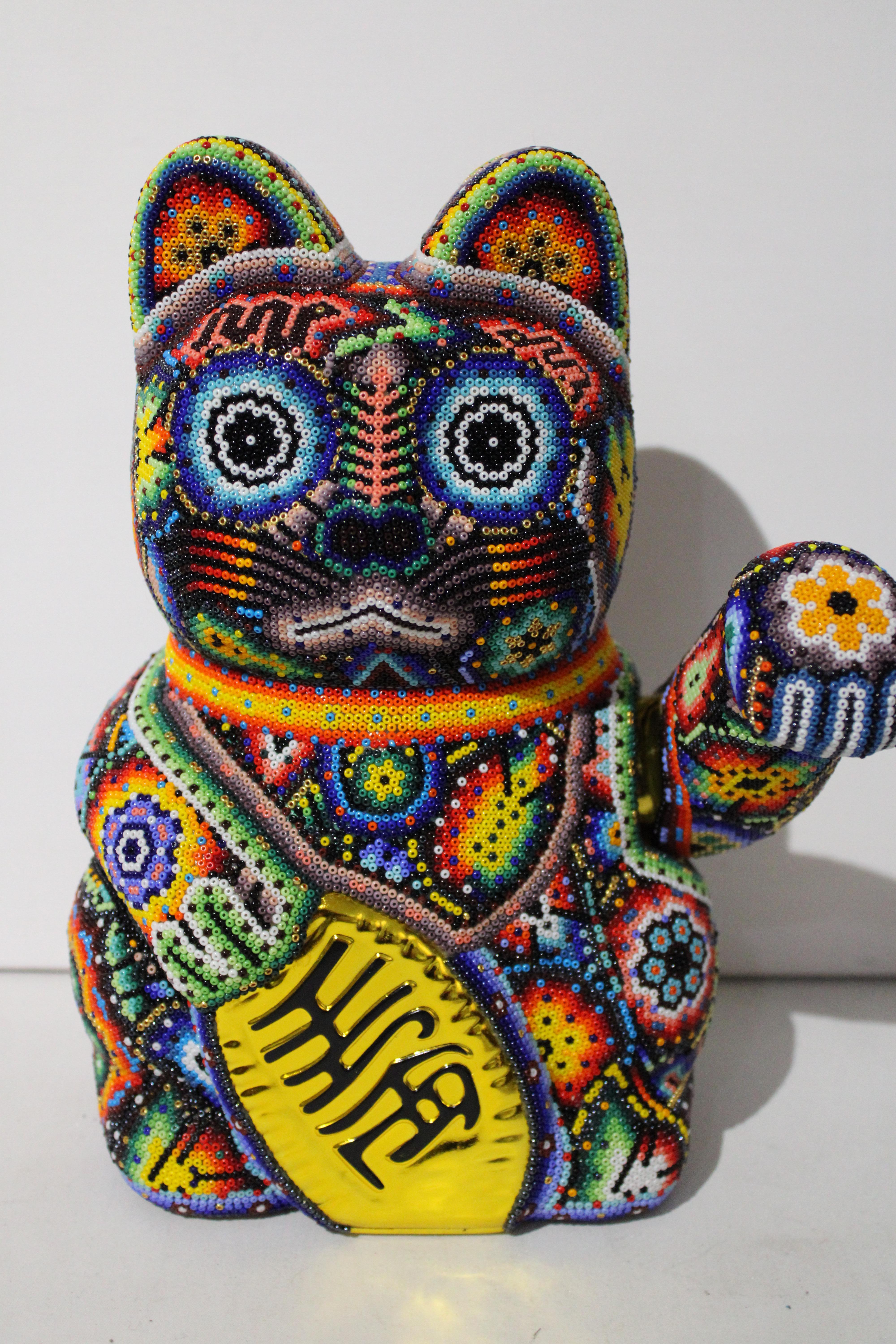Money Cat from Huichol ALTERATIONS Series - Sculpture by CHROMA aka Rick Wolfryd 