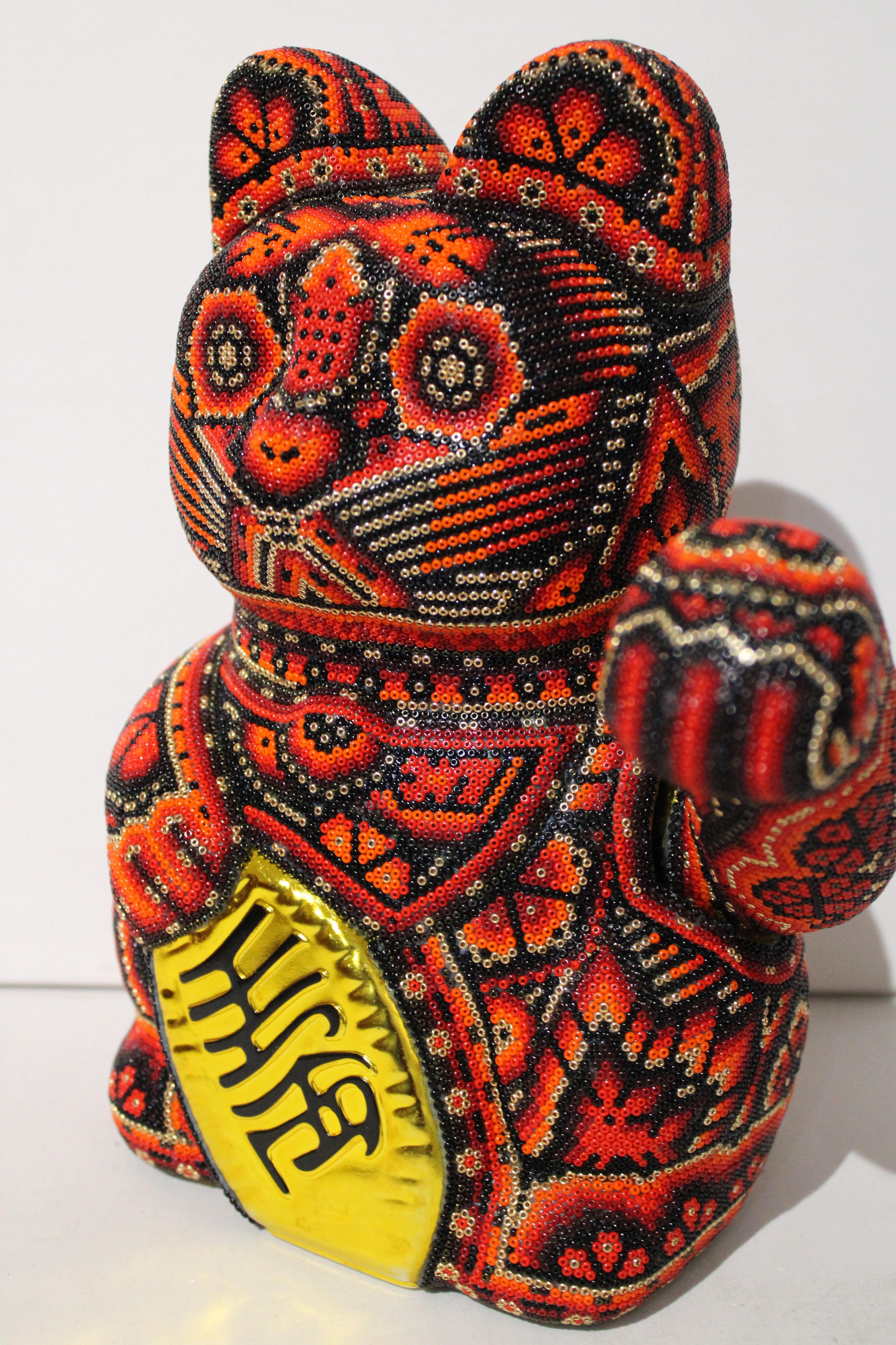 CHROMA aka Rick Wolfryd  Figurative Sculpture - Money Cat from Huichol ALTERATIONS Series