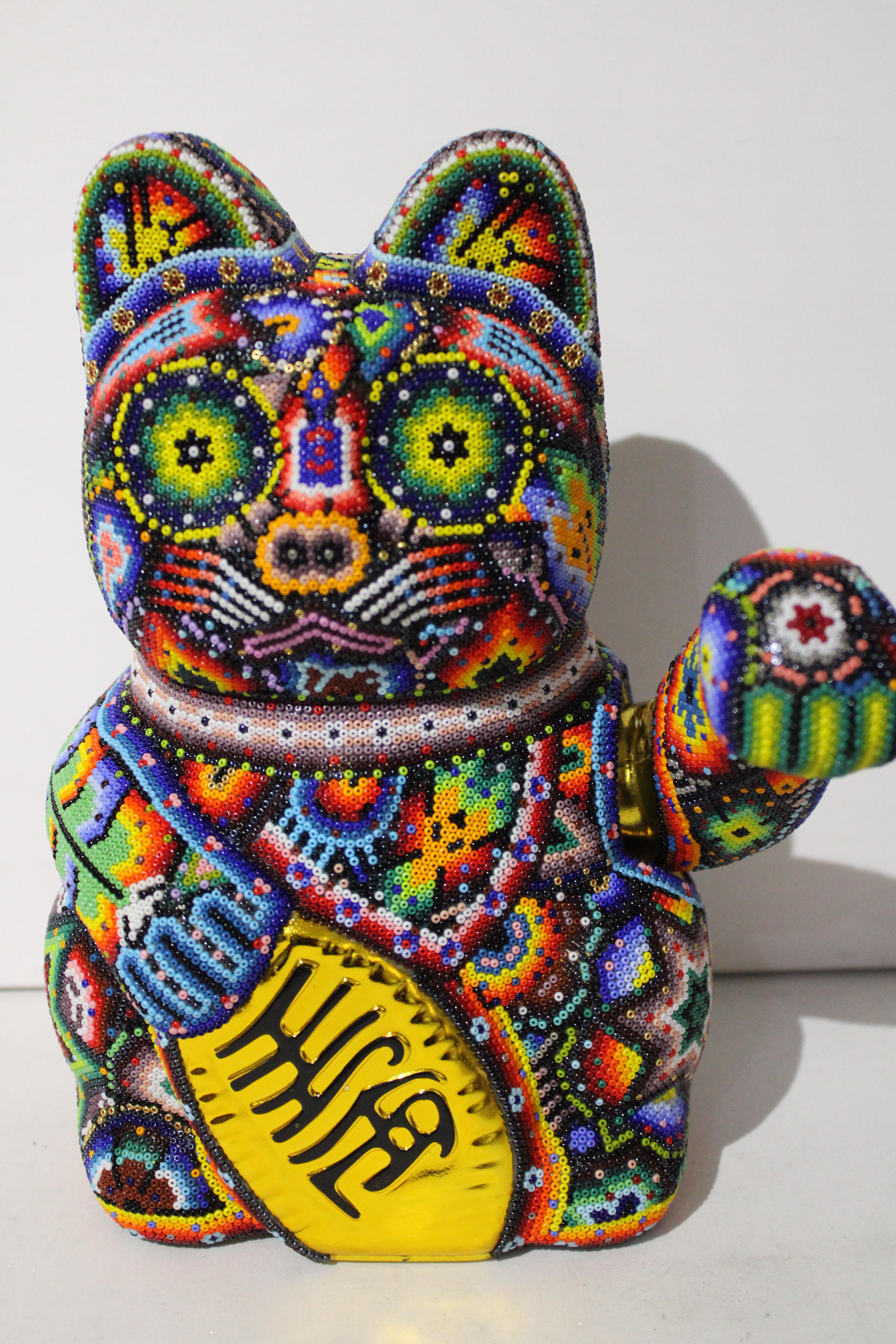 CHROMA aka Rick Wolfryd  Figurative Sculpture - Money Cat from Huichol ALTERATIONS Series