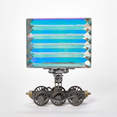 Chroma, iridescent cast glass & model train steam chassis sculpture by Jon Lewis