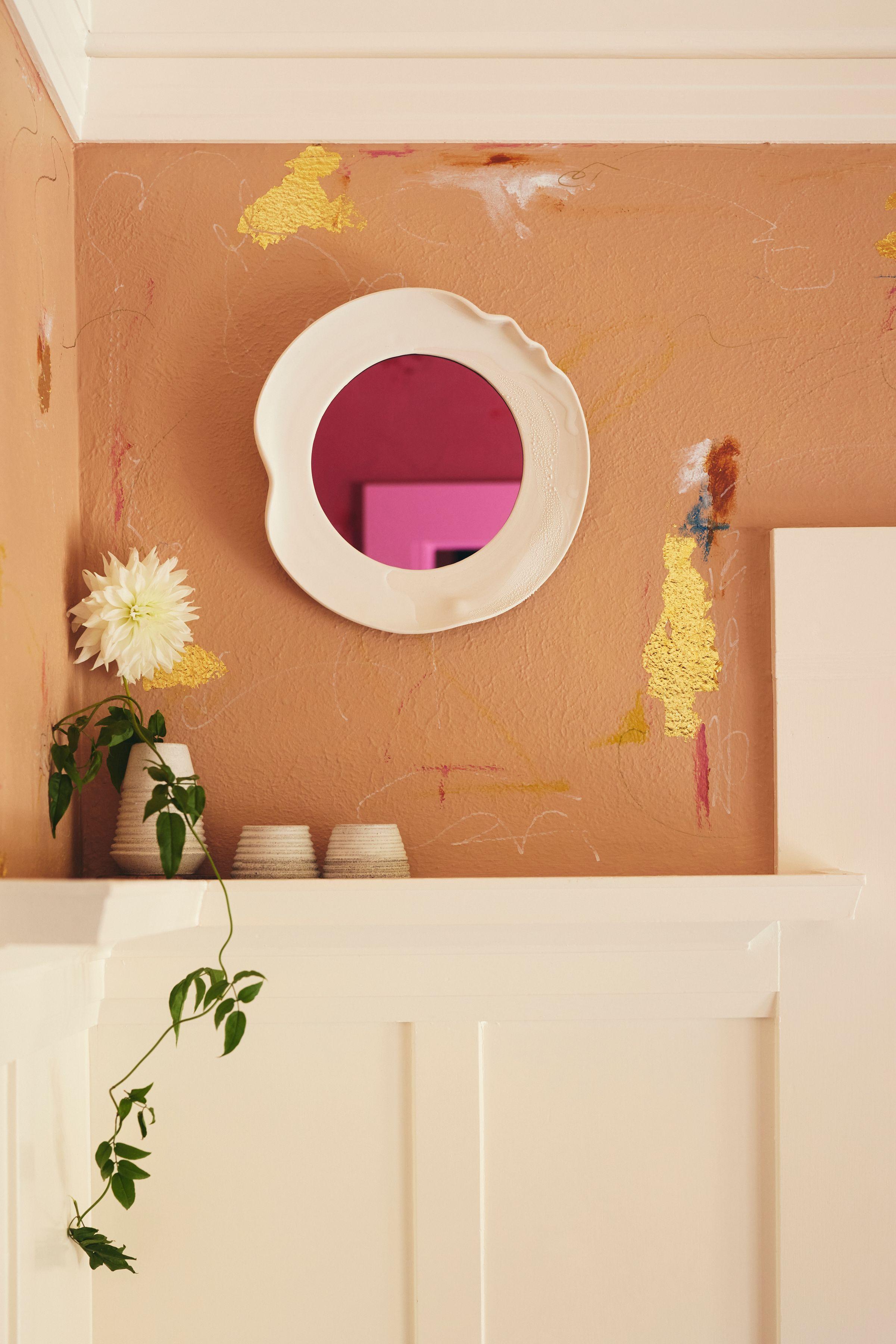 Glazed Chroma Pink Ceramic Wall Mirror by Erin Hupp For Sale