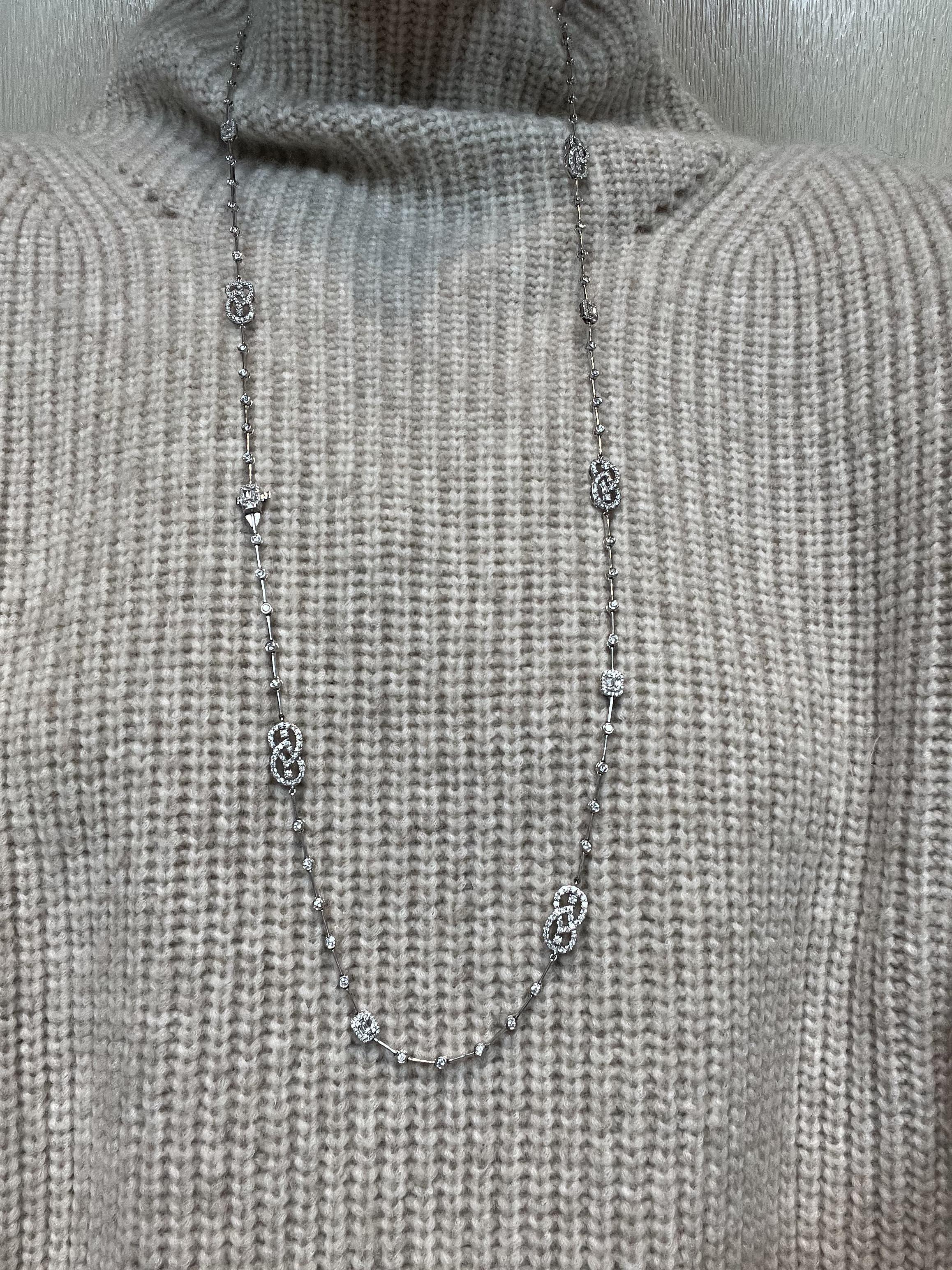 Interlocking Diamond 14K White Gold Link Long Necklace For Sale 1
