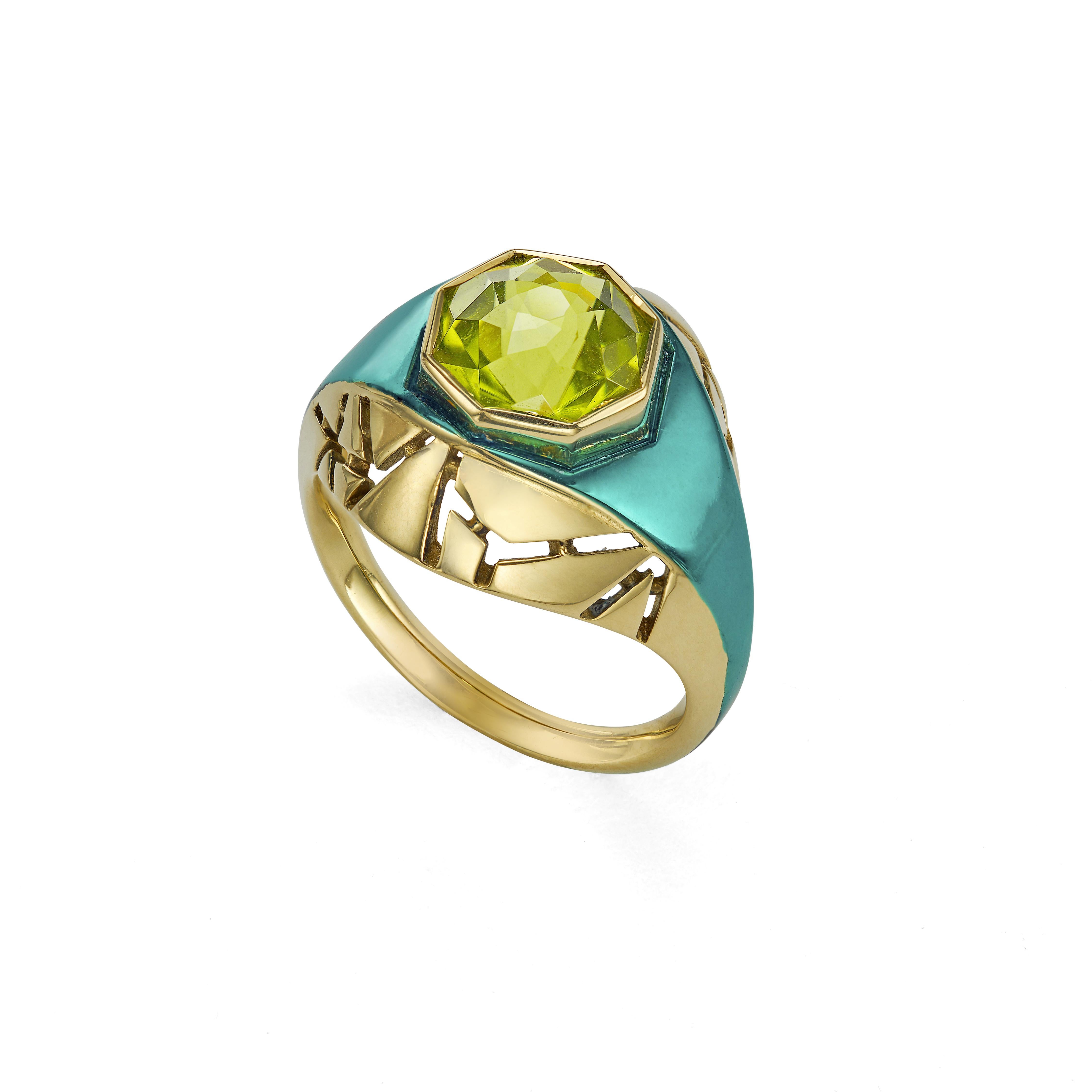 Measurements
Width of ring 17.5mm
Height of ring off finger 7.98mm
Stone dimensions: 8.49mm
Size UK M (US 6.5)

The Rock Hound's Chromanteq 2.95 Carat Afghani Peridot Bombe Ring in 18 Carat Recycled Yellow Gold with our signature Turquoise Coating.