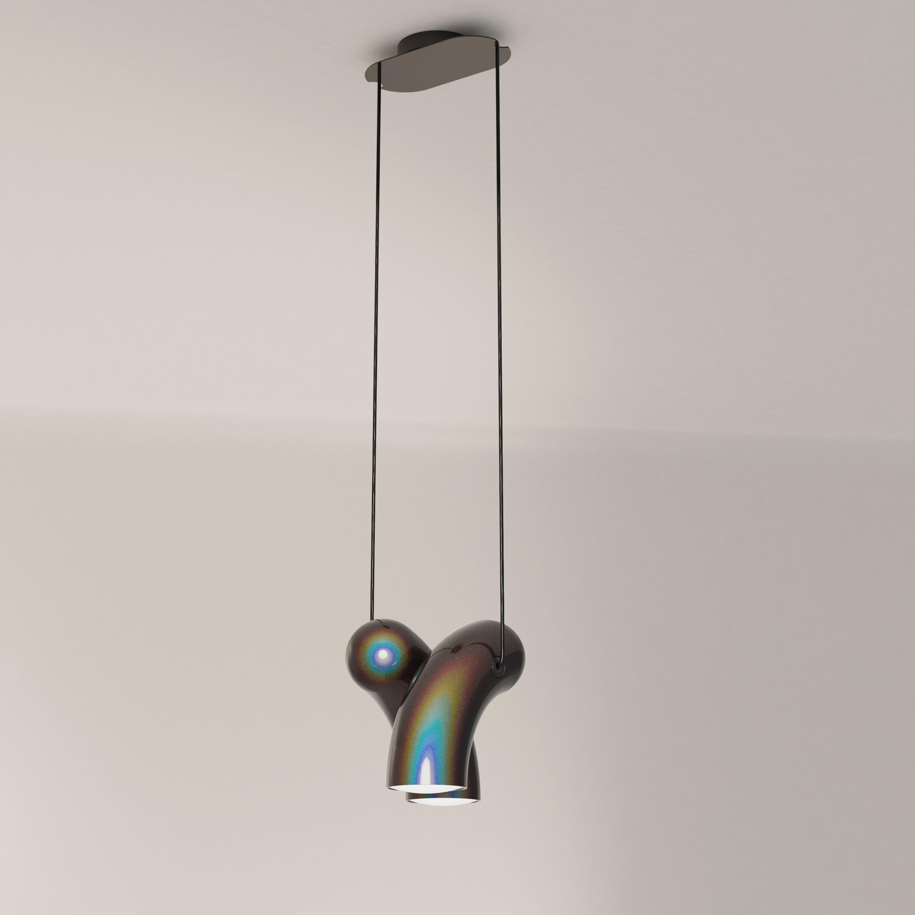 Chromatic black Hyphen pendant lamp by Studio d'Armes
Dimensions: D 29 x W 22 x H 24 cm
Materials: Chromatic black cast steel.
Available in steel sandy black, steel chromatic black, natural porcelain and steel custom.

Derived from the ancient
