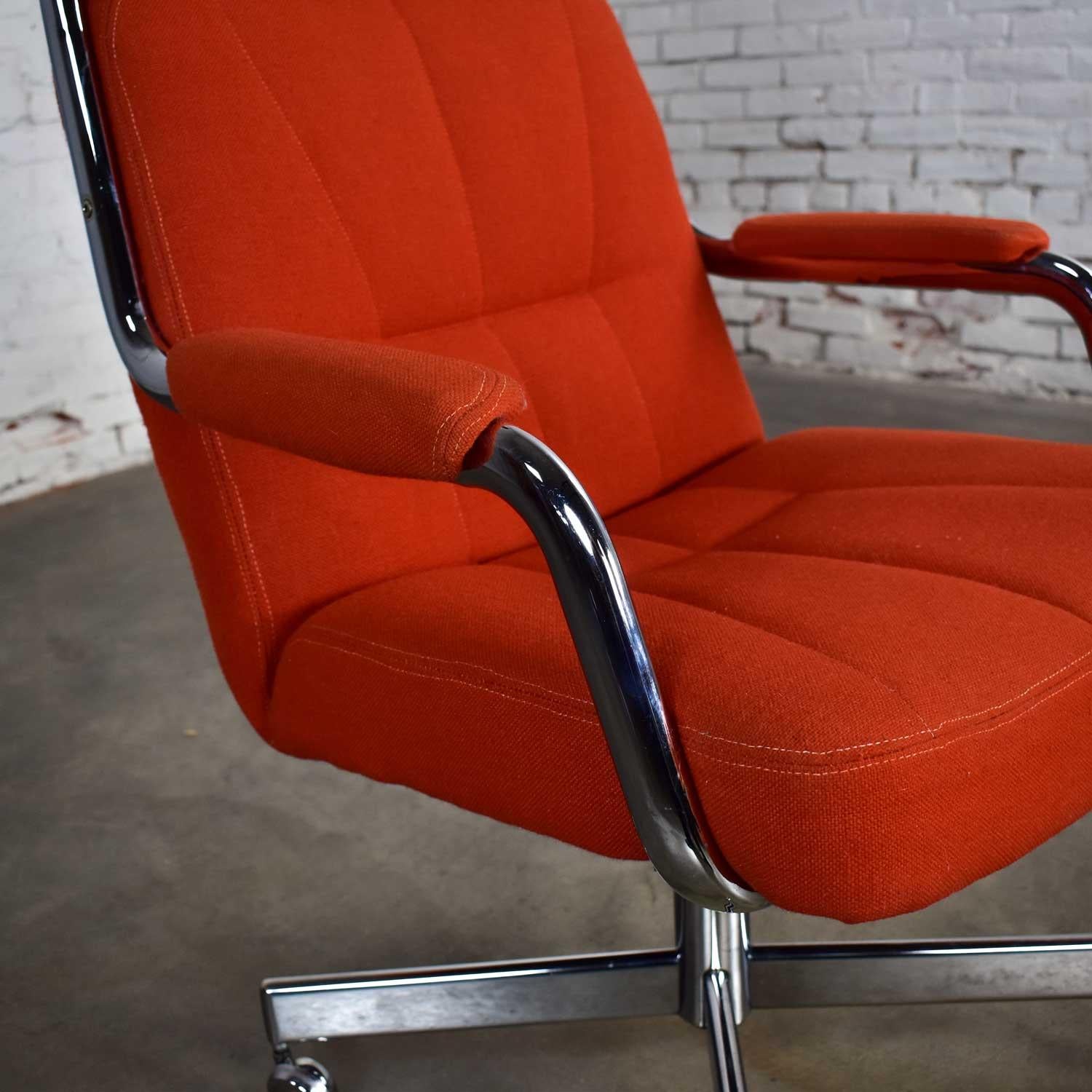 Chromcraft Adjustable Armed High Back Rolling Office Chair Orange Hopsack Fabric 2