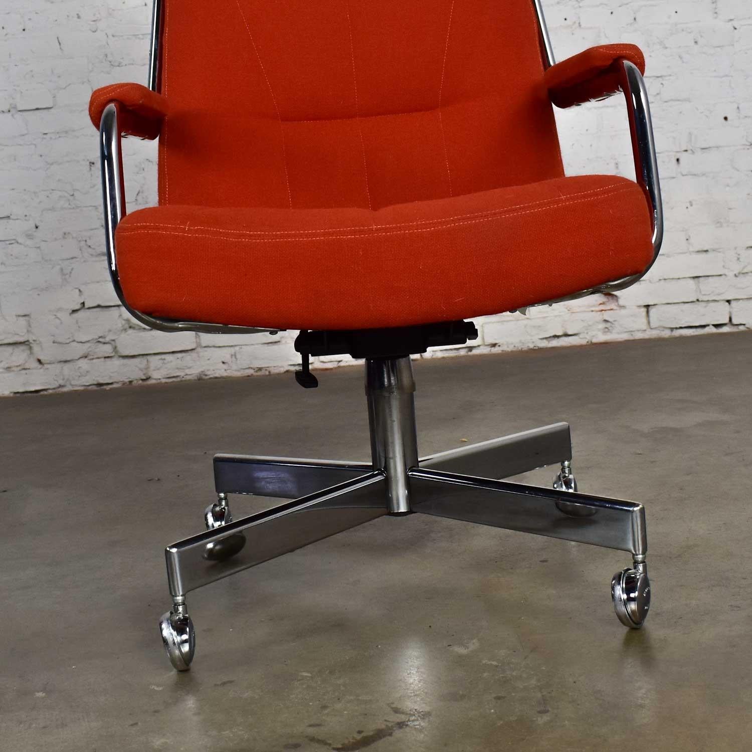 Chromcraft Adjustable Armed High Back Rolling Office Chair Orange Hopsack Fabric 7