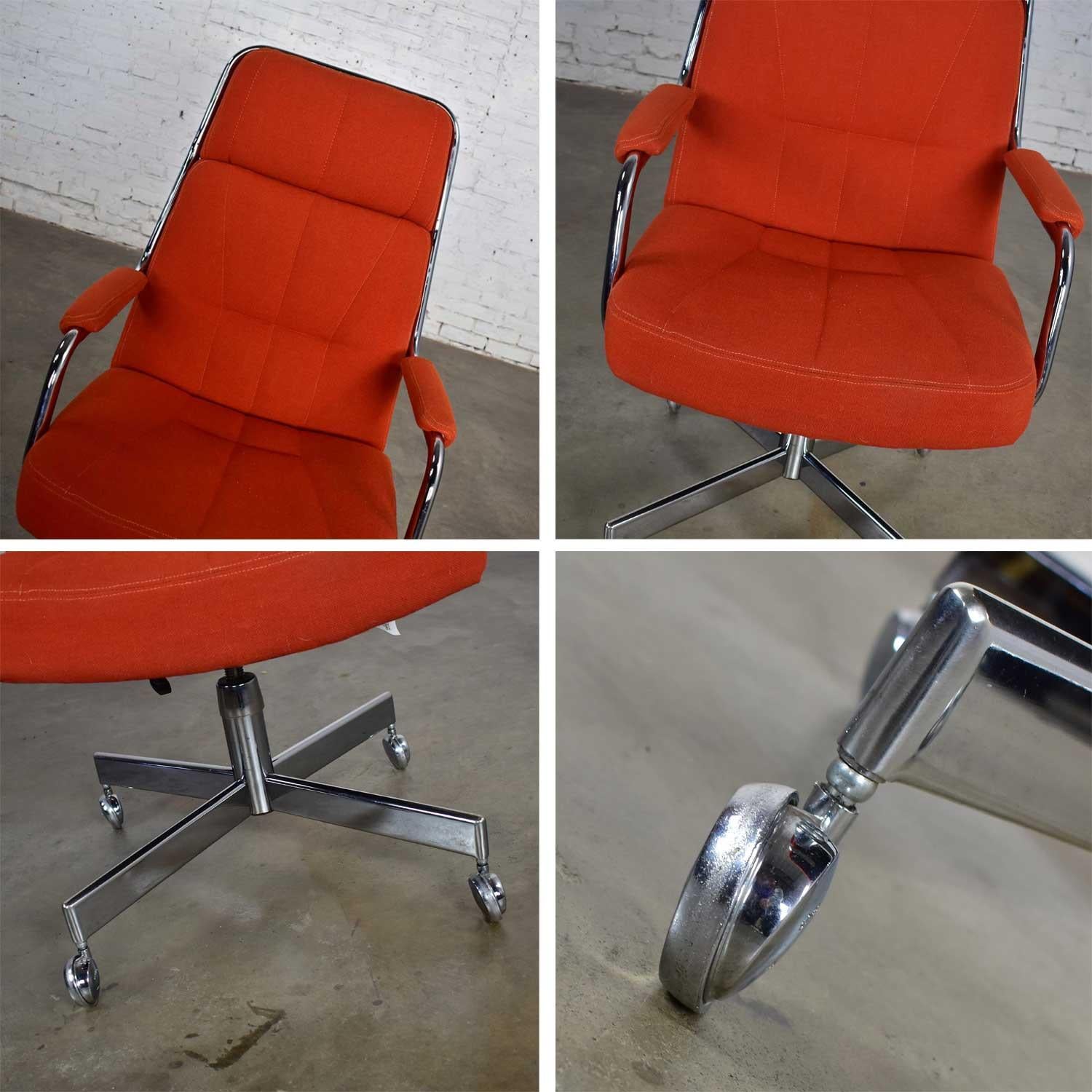 Chromcraft Adjustable Armed High Back Rolling Office Chair Orange Hopsack Fabric 9