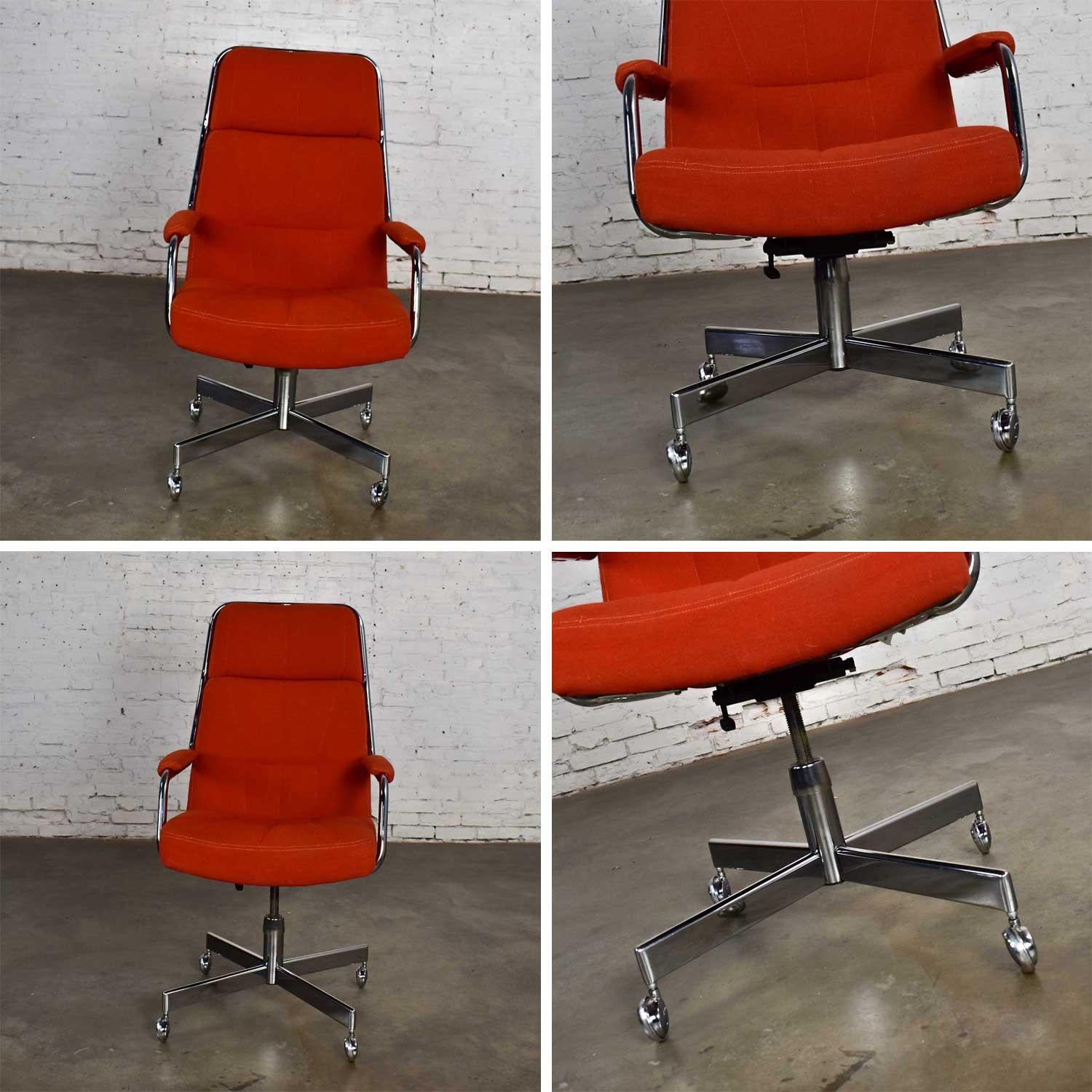 Chromcraft Adjustable Armed High Back Rolling Office Chair Orange Hopsack Fabric 10