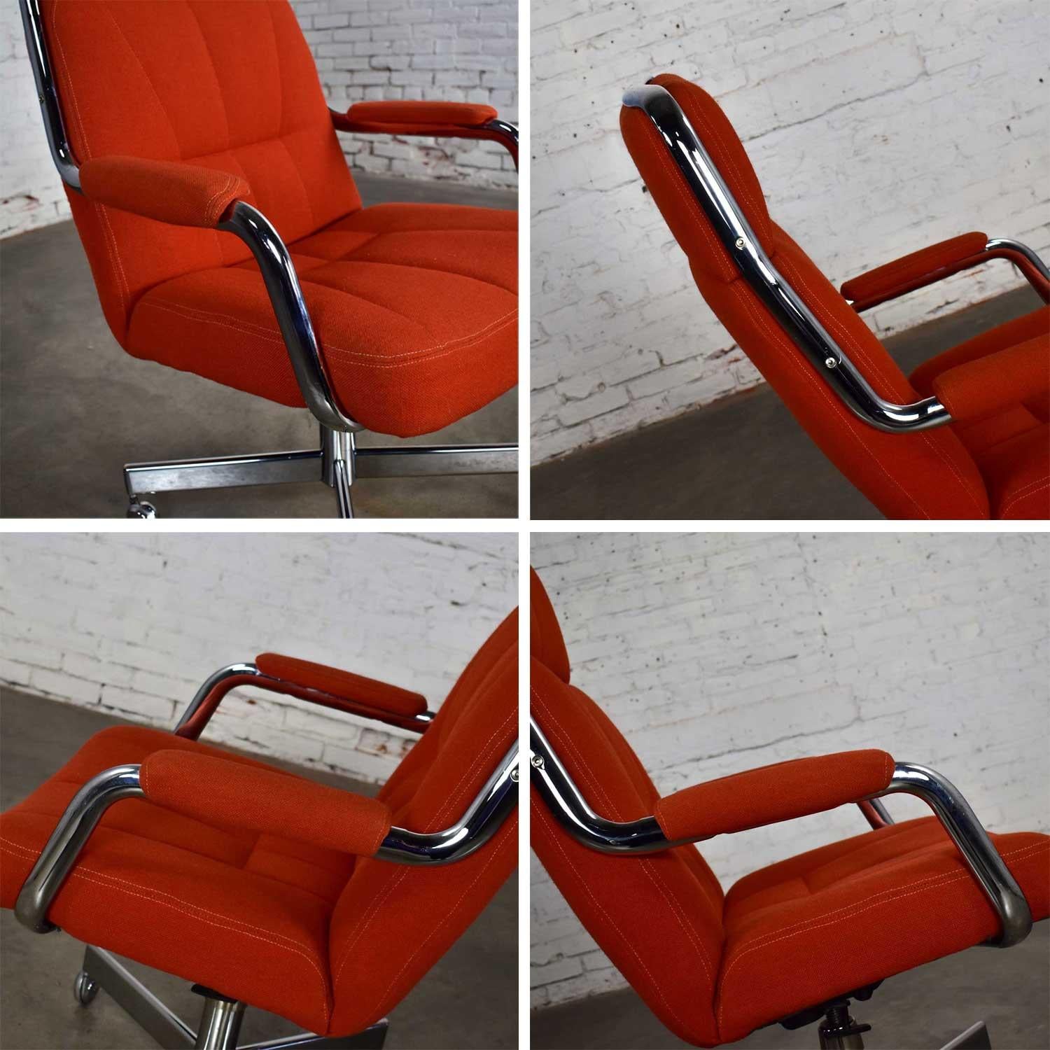 Chromcraft Adjustable Armed High Back Rolling Office Chair Orange Hopsack Fabric 11